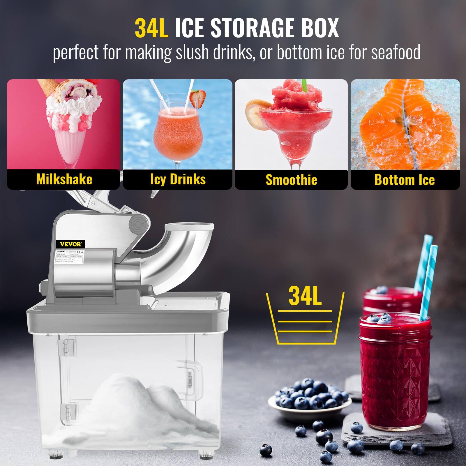 34L ICE STORAGE BOX perfect for making slush drinks, or bottom ice for seafood. Milkshake, Icy Drinks, Smoothie, Bottom Ice. VEVOR - 34L
