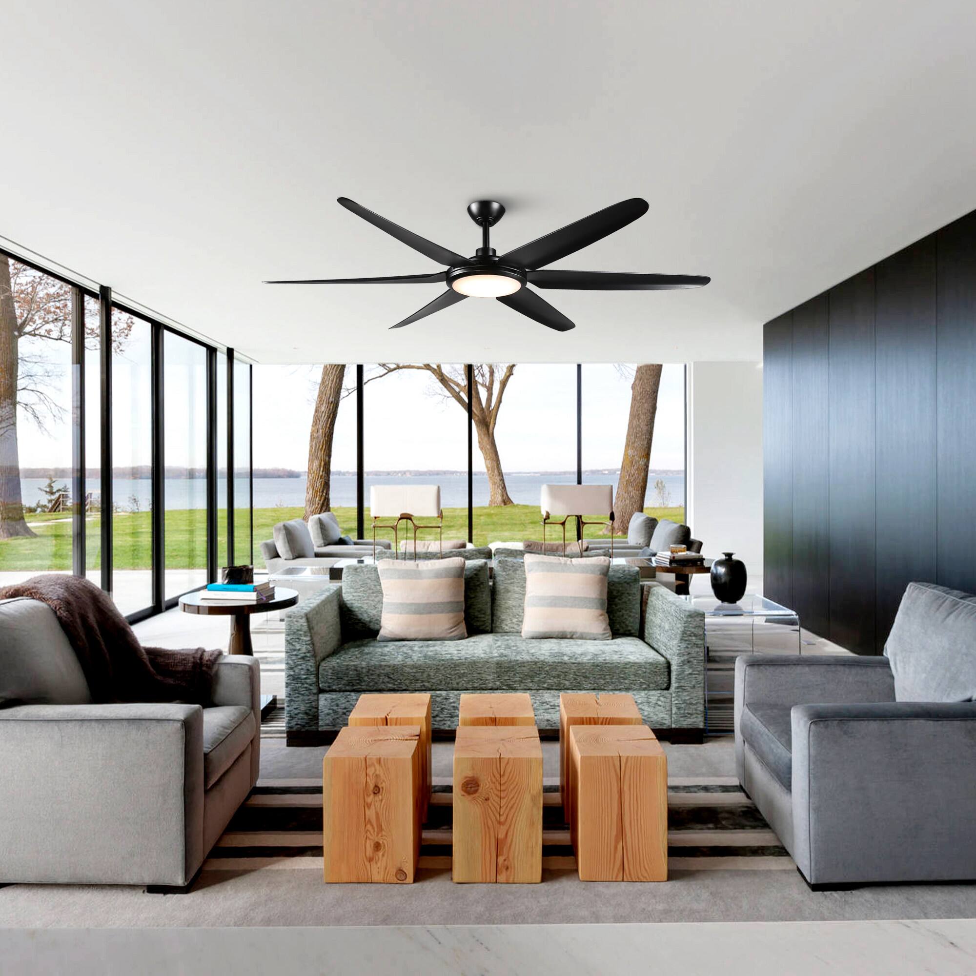Left. Parrot Uncle - 65" Modern Black Large 6-blade LED Ceiling Fan with Light and Remote - Black.