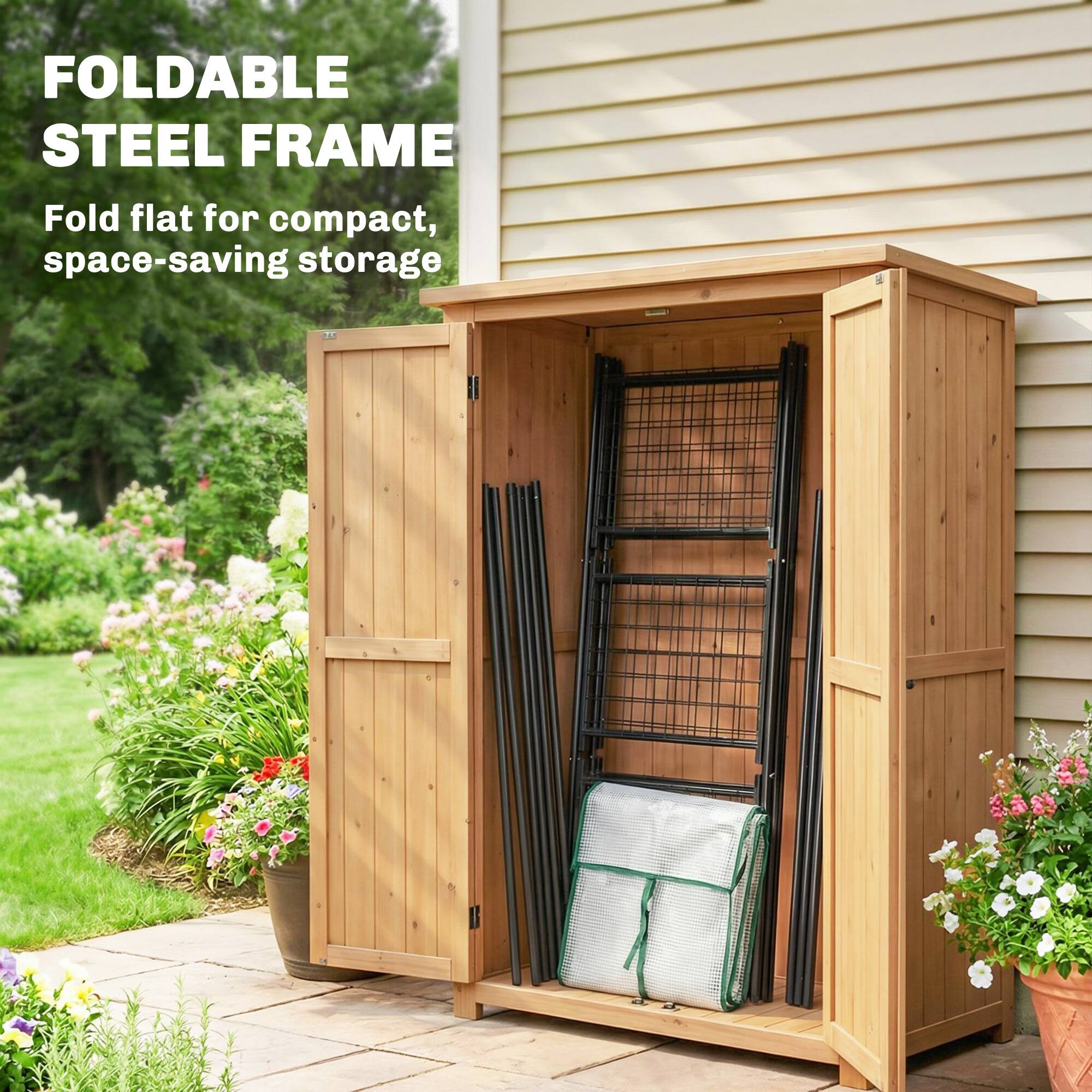 FOLDABLE STEEL FRAME  
Fold flat for compact, space-saving storage
