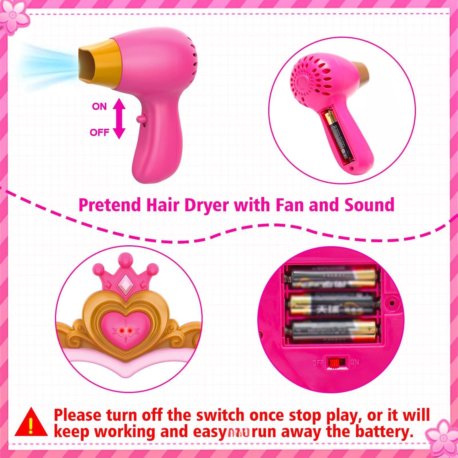 Pretend Hair Dryer with Fan and Sound

Please turn off the switch once stop play, or it will keep working and easily run away the battery.