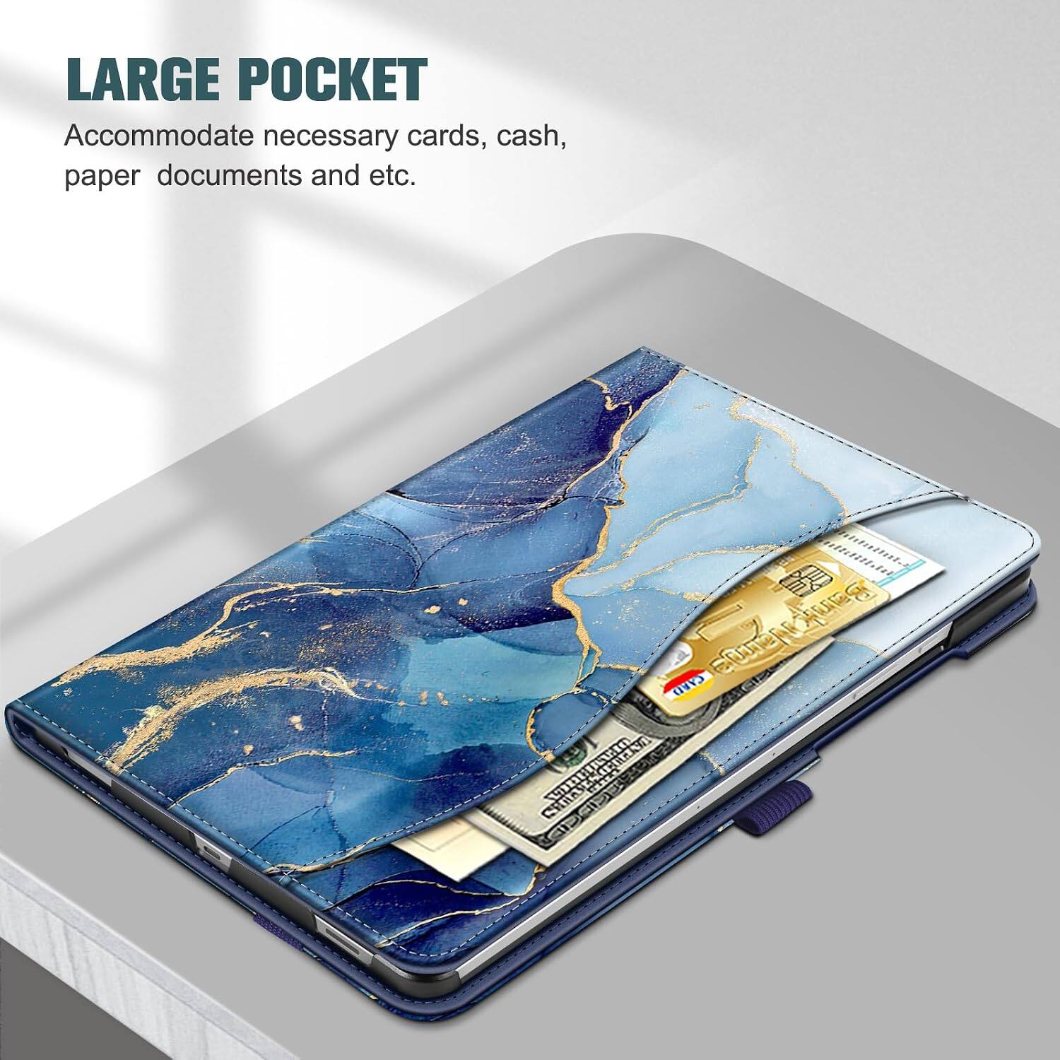 LARGE POCKET  
Accommodate necessary cards, cash, paper documents and etc.