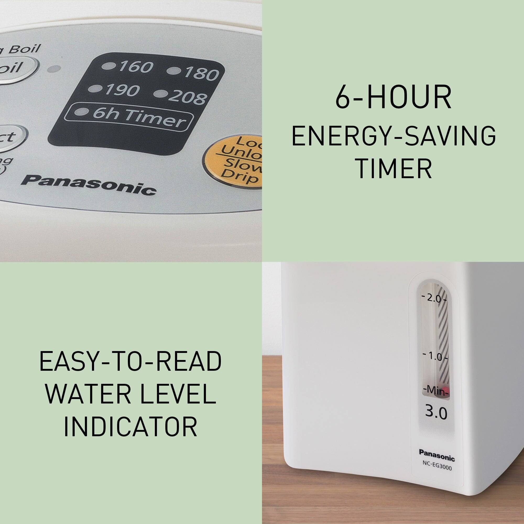 1. Boil oil
2. 160 180 190 208
3. 6-HOUR ENERGY-SAVING TIMER
4. Loct
5. Unlo
6. Slow Drip
7. EASY-TO-READ WATER LEVEL INDICATOR
8. -2.0 -1.0 -Min- 3.0
9. Panasonic NC-EG3000