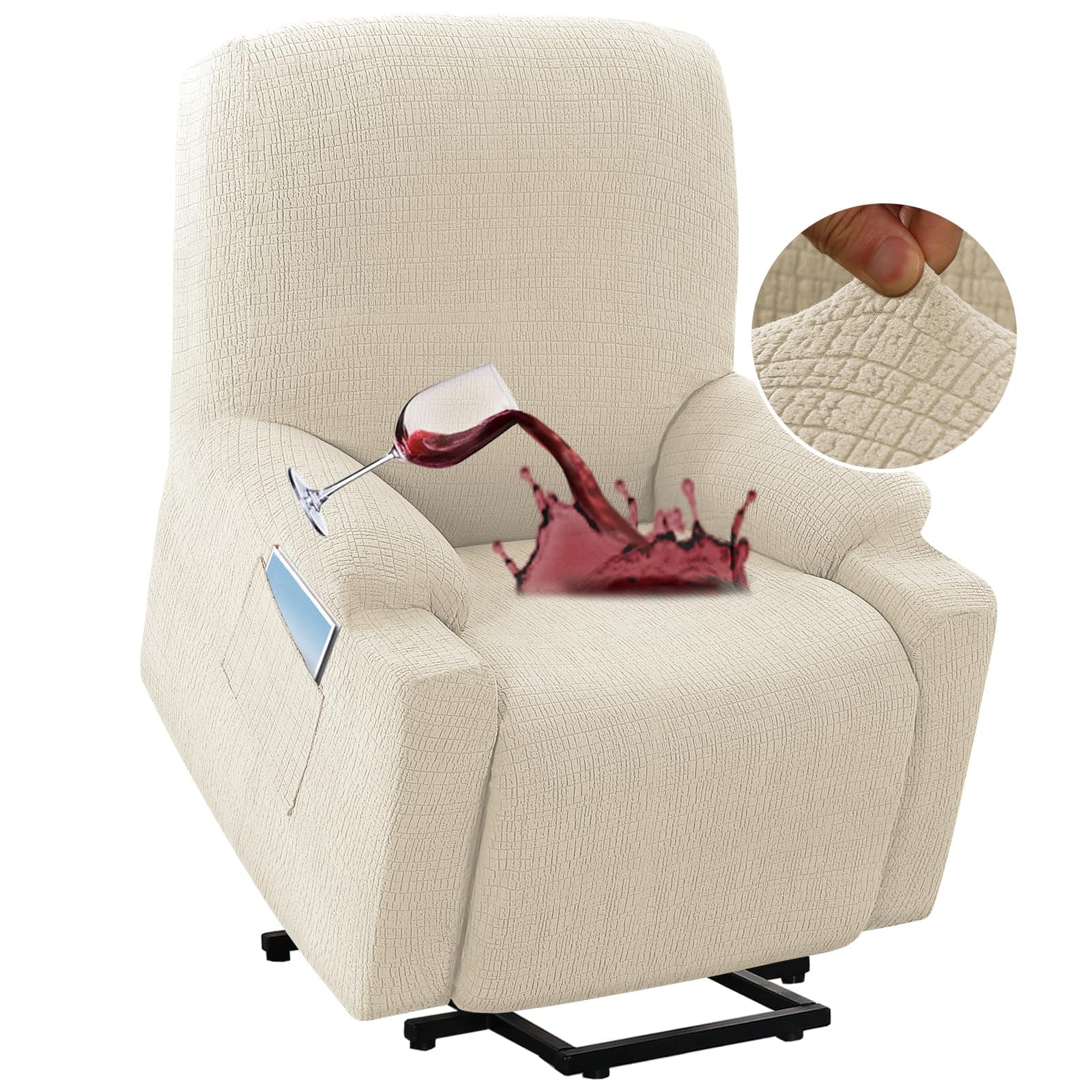 Fabibe - Waterproof Stretch Recliner Cover Electric Power Lift Recliner Chair Cover for Elderly People with Side Pocket - Ivory Small