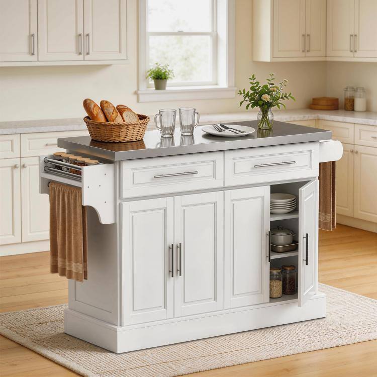 Alt View 1. PULUZ - Rolling Kitchen Island Cart with 47 inch Stainless Steel Top, Portable Island Table for Kitchen with Wheels - White.