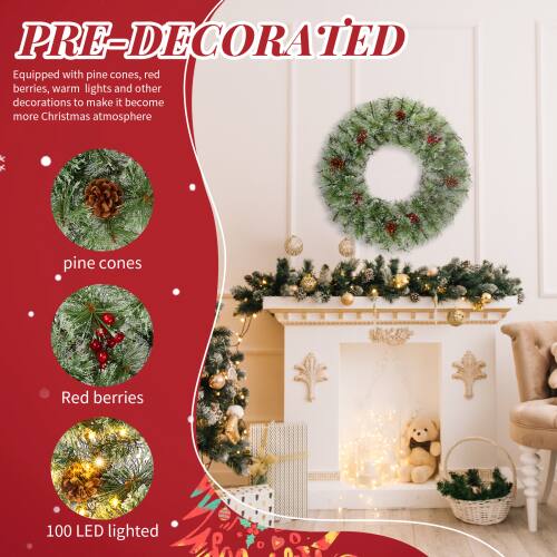 PRE-DECORATED  
Equipped with pine cones, red berries, warm lights and other decorations to make it become more Christmas atmosphere  

- pine cones  
- Red berries  
- 100 LED lighted