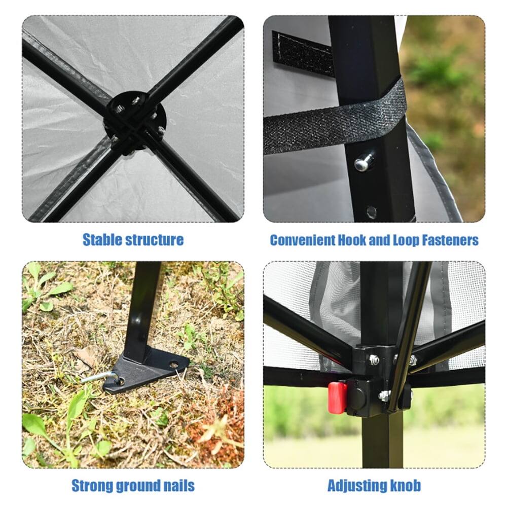 - Stable structure
- Convenient Hook and Loop Fasteners
- Strong ground nails
- Adjusting knob