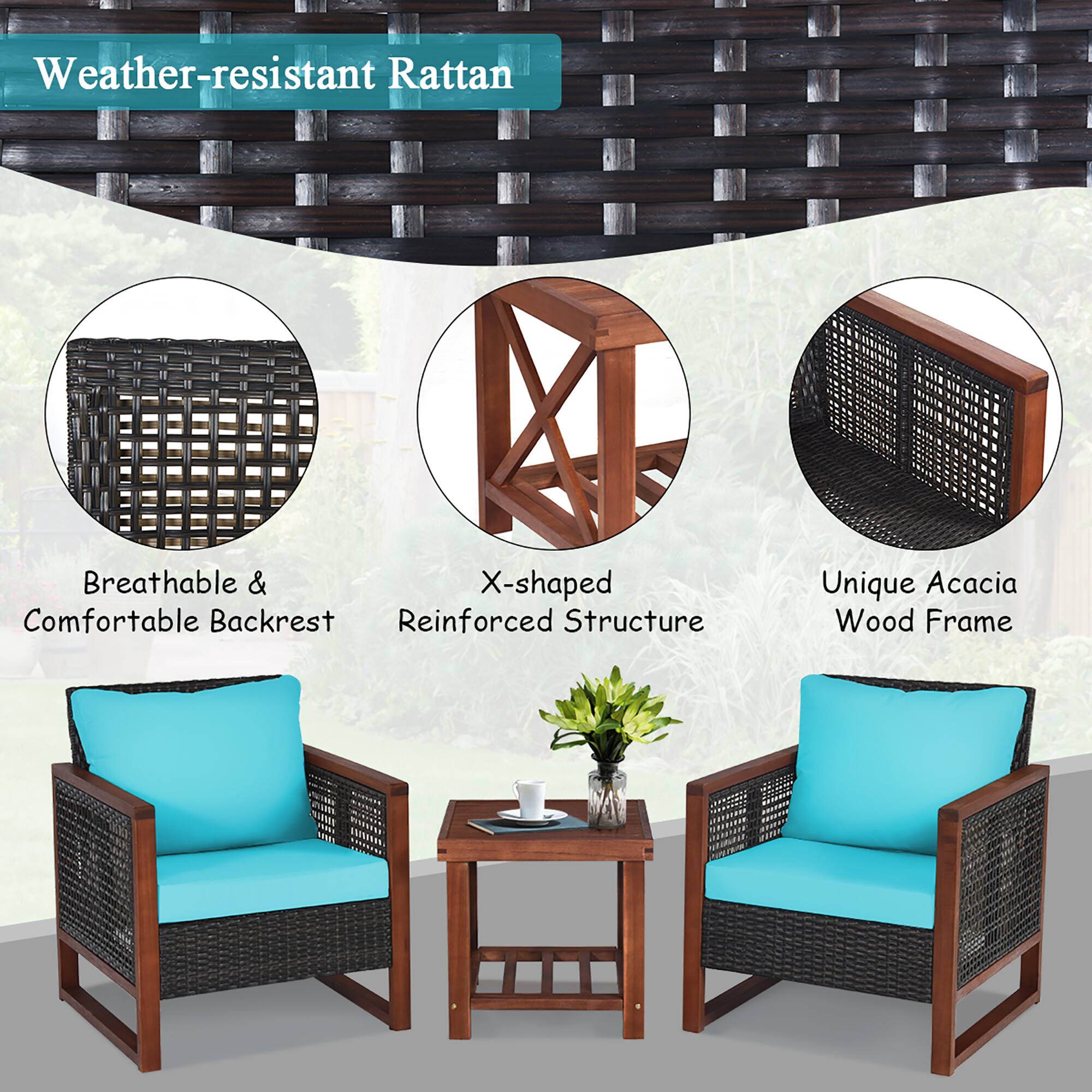 Weather-resistant Rattan

- Breathable & Comfortable Backrest
- X-shaped Reinforced Structure
- Unique Acacia Wood Frame
