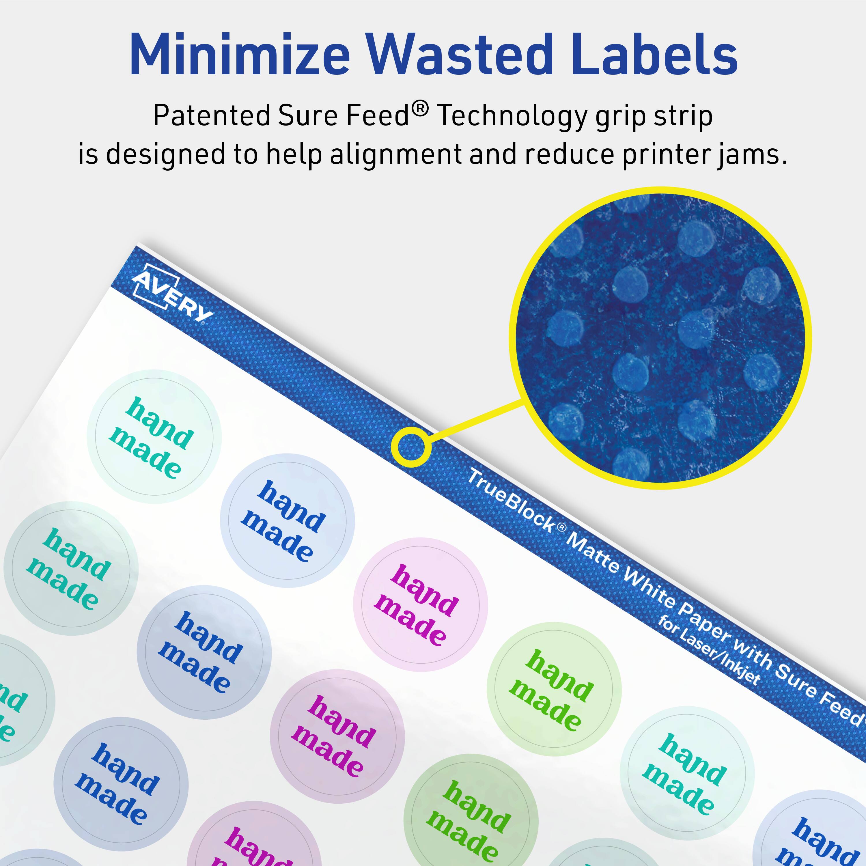 Minimize Wasted Labels

Patented Sure Feed® Technology grip strip is designed to help alignment and reduce printer jams.

AVERY
TrueBlock® Matte White Paper with Sure Feed® for Laser/Inkjet

hand made