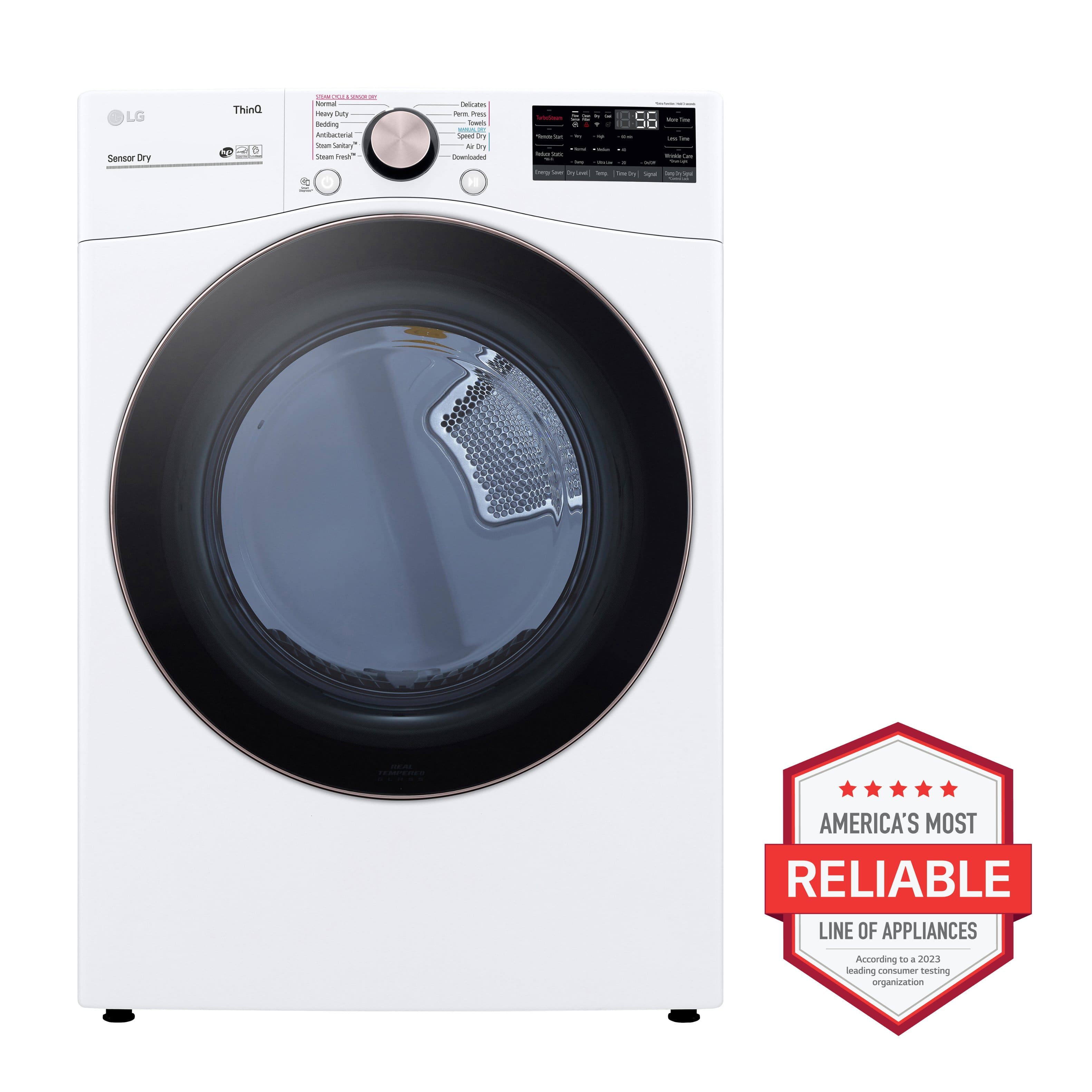 The image features a white LG Sensor Dry Thin dryer with a see-through door. The dryer has a digital display and is equipped with various features, such as a sensor dry, auto dry, and auto clean. The machine is designed to provide efficient and reliable drying performance. The image also includes a logo for America's Most Reliable Line of Appliances, indicating the dryer's reputation for reliability and quality.