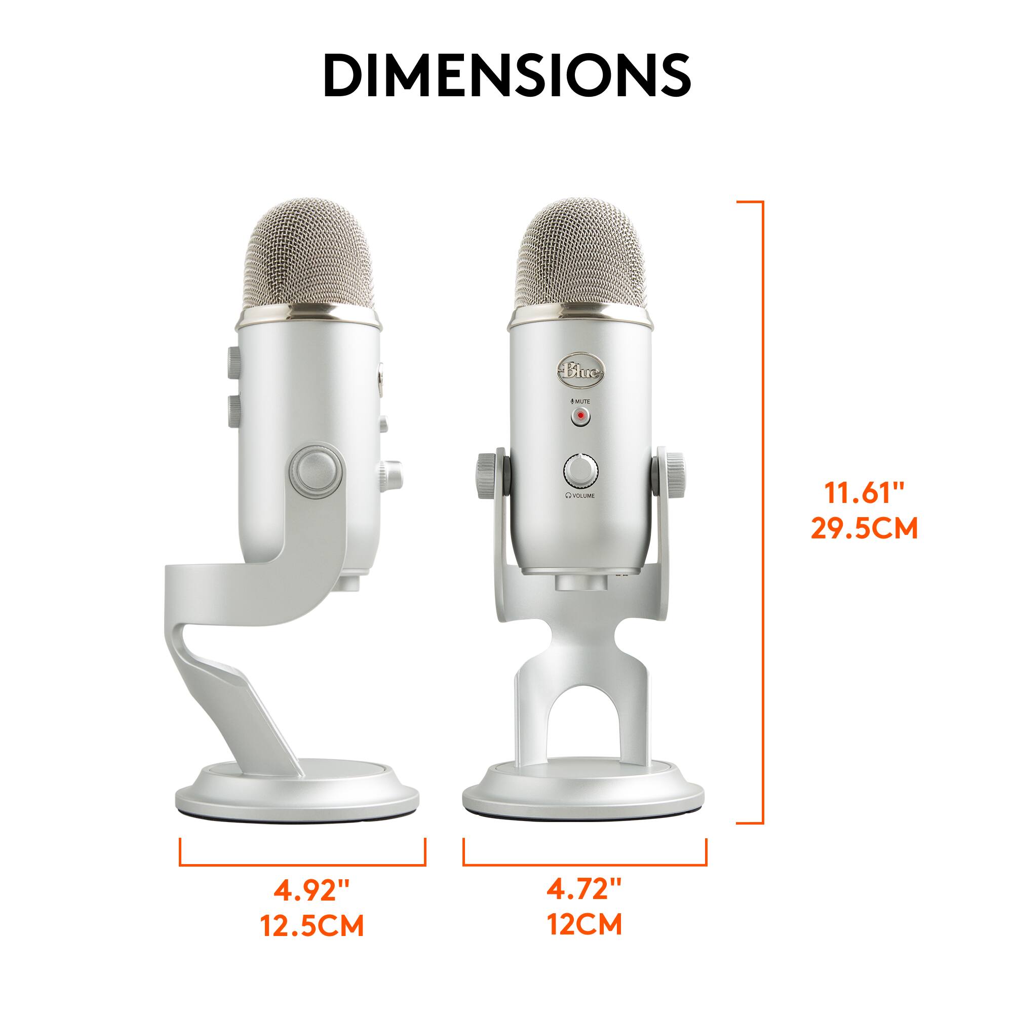 The dimensions of the microphone are 11.61 inches (29.5 cm) in length and 4.92 inches (12.5 cm) in width. The height of the microphone is 4.72 inches (12 cm).