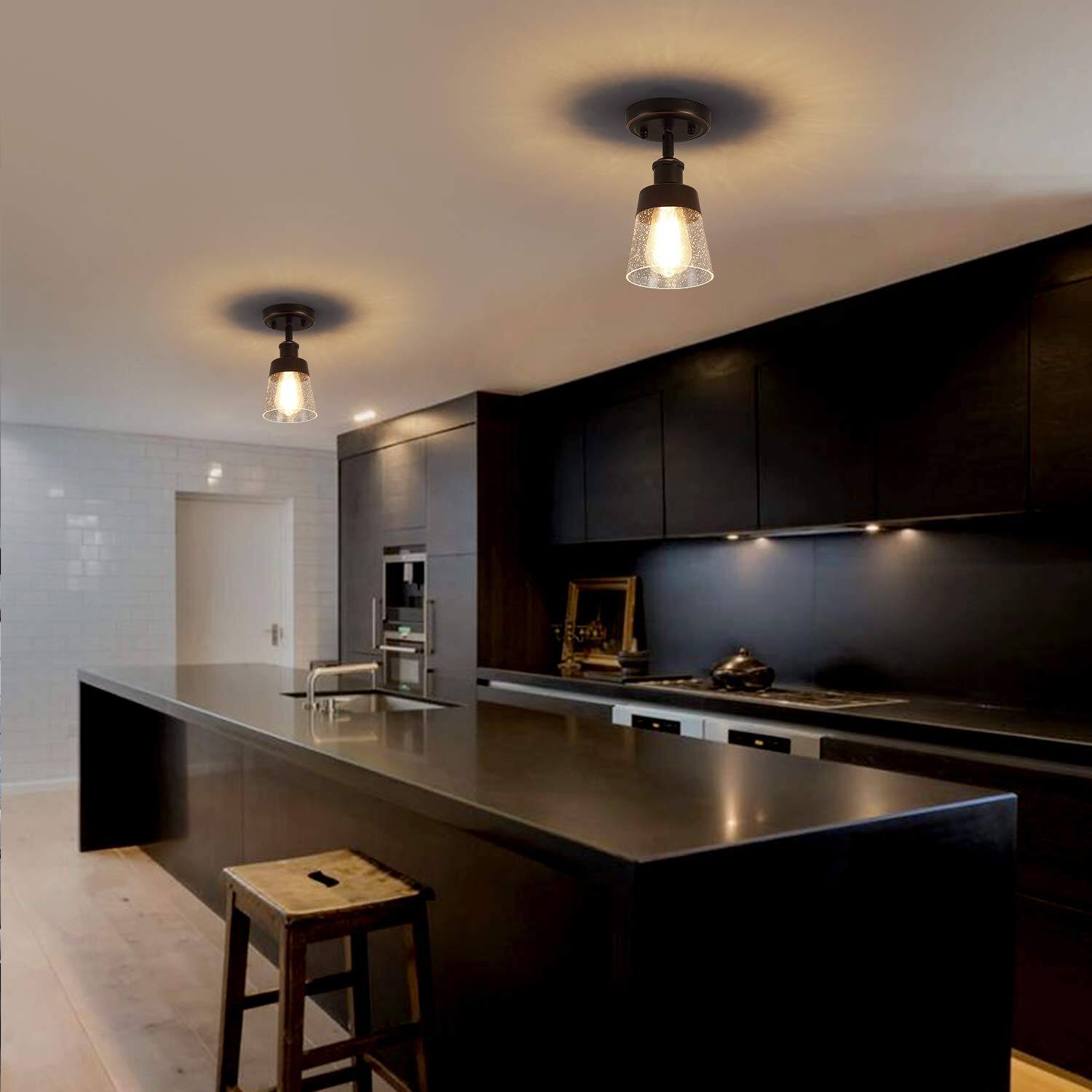 Back. Earthley Blooms - Rustic Glass Flush Mount Light Fixture Mini Clear Seeded Shade Semi Ceiling For Hallway Farmhouse Kitchen E - Black.