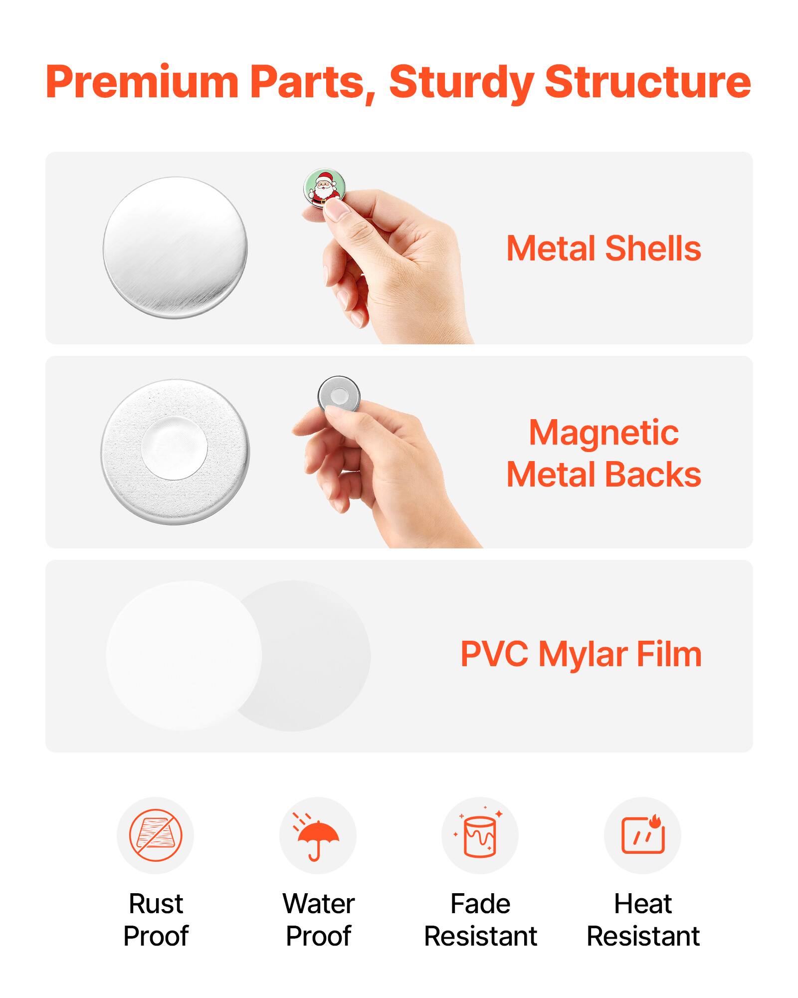 Premium Parts, Sturdy Structure

Metal Shells

Magnetic Metal Backs

PVC Mylar Film

Rust Proof

Water Proof

Fade Resistant

Heat Resistant