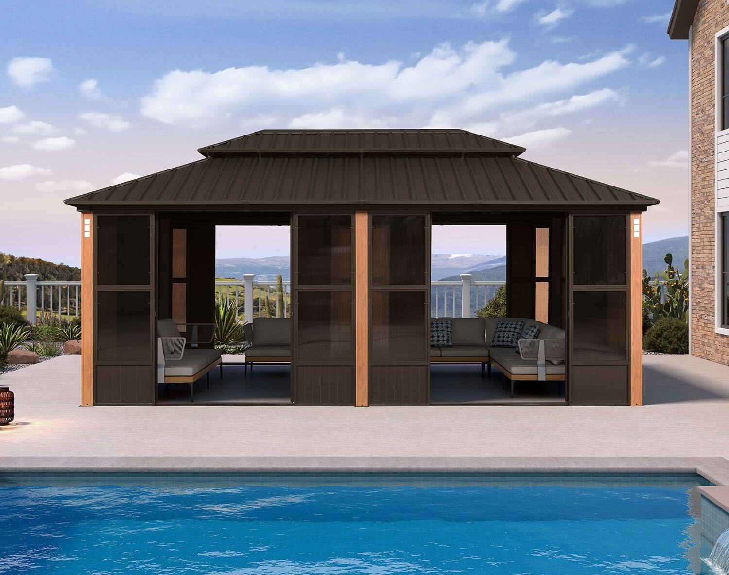 Angle. PURPLE LEAF - Sunroom Outdoor Hardtop Gazebo Bronze Aluminum Frame Solarium Galvanized Steel Double Roof All-Weather Screen House - 12' X 20'.