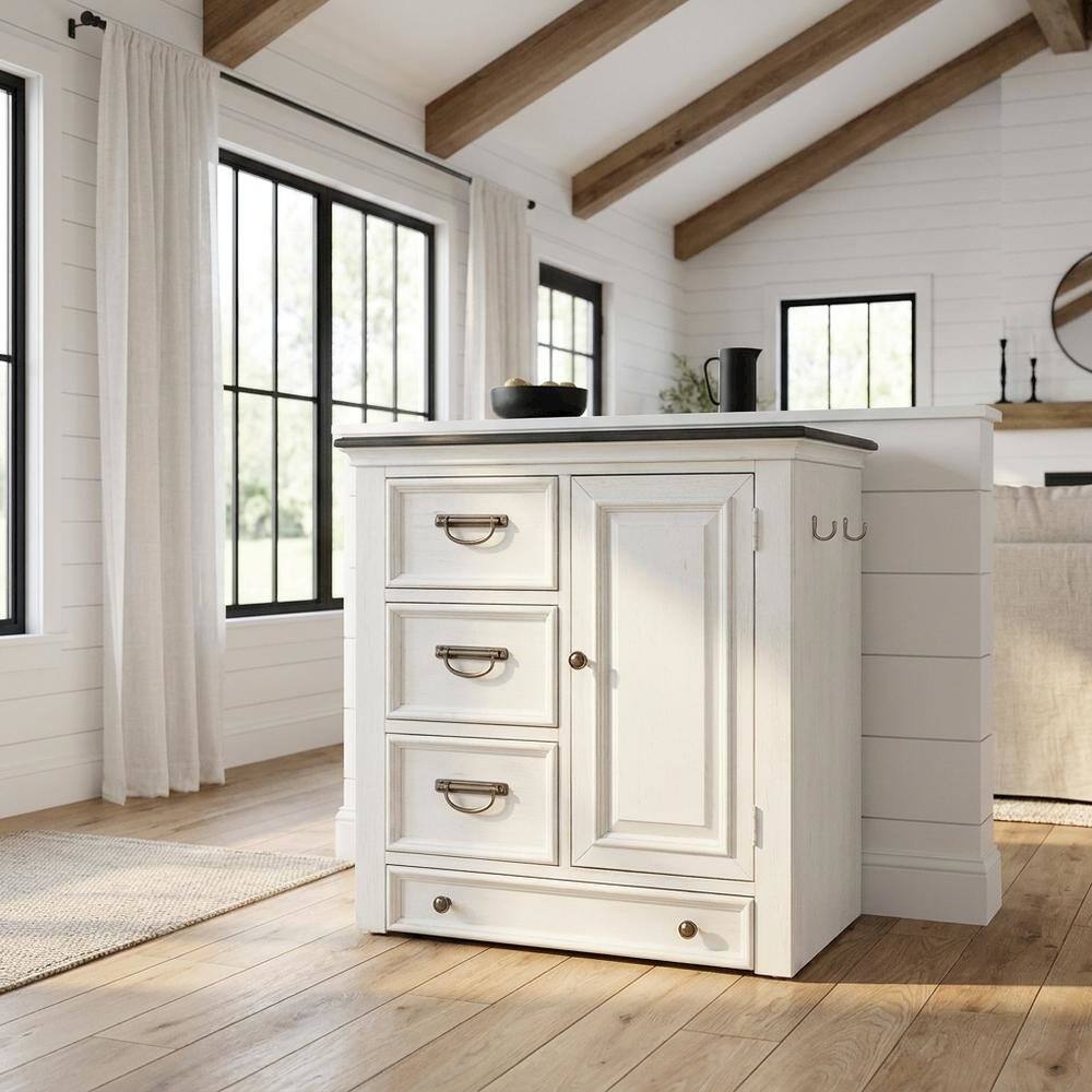 Alt View 2. Starlight Canyon Home - Cottage Pine Dog Feeding Station Cabinet with Pet Food Storage Drawers - Wirebrushed White W/ Charcoal Tops.