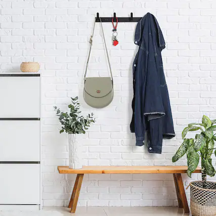 Front. Oumilen - Black Metal Wall Coat Rack with 4 Hooks – No Drill Adhesive Hanger for Coats, Towels, Bathroom, Kitchen - Black.