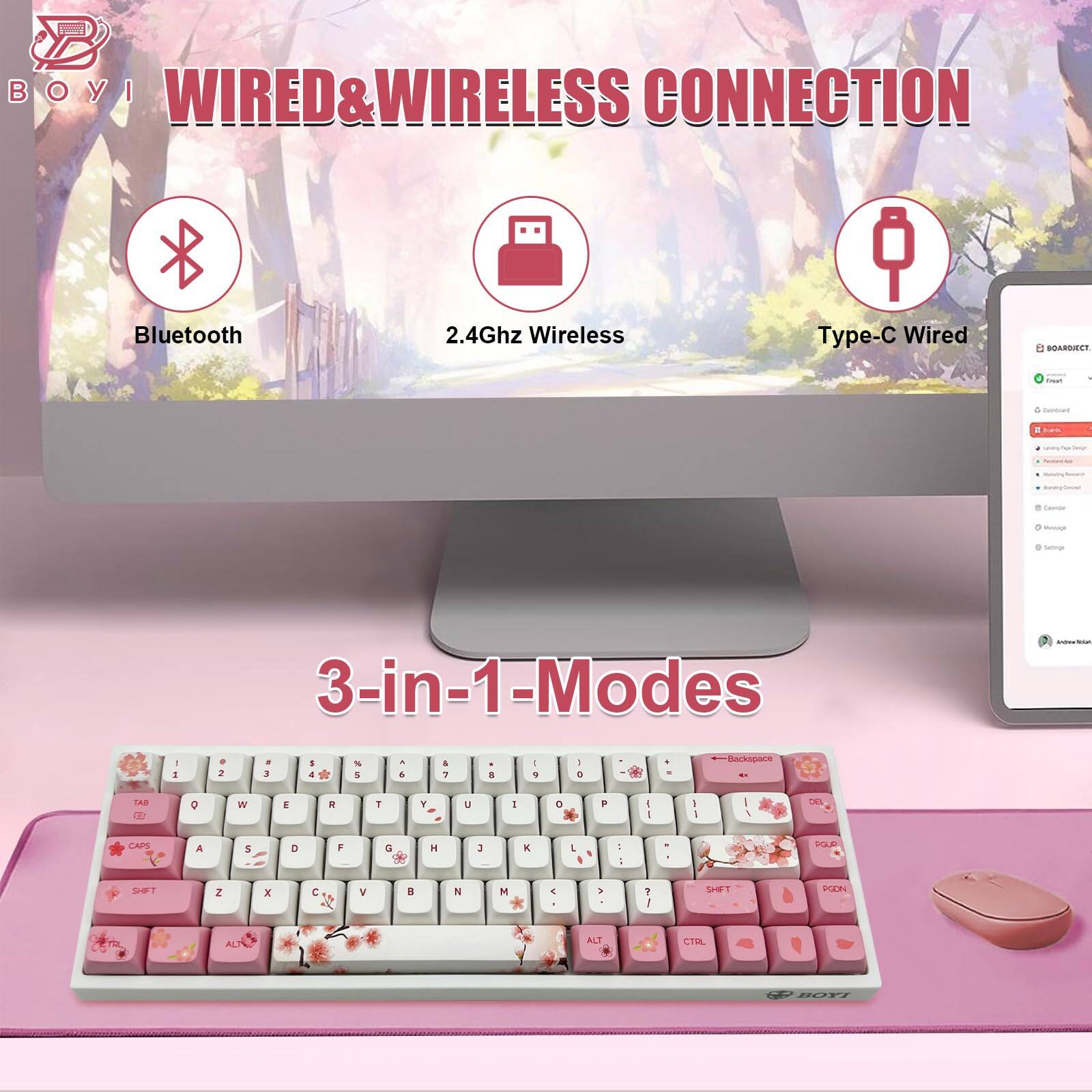 BOYI  
WIRED & WIRELESS CONNECTION  
Bluetooth  
2.4Ghz Wireless  
Type-C Wired  

3-in-1 Modes