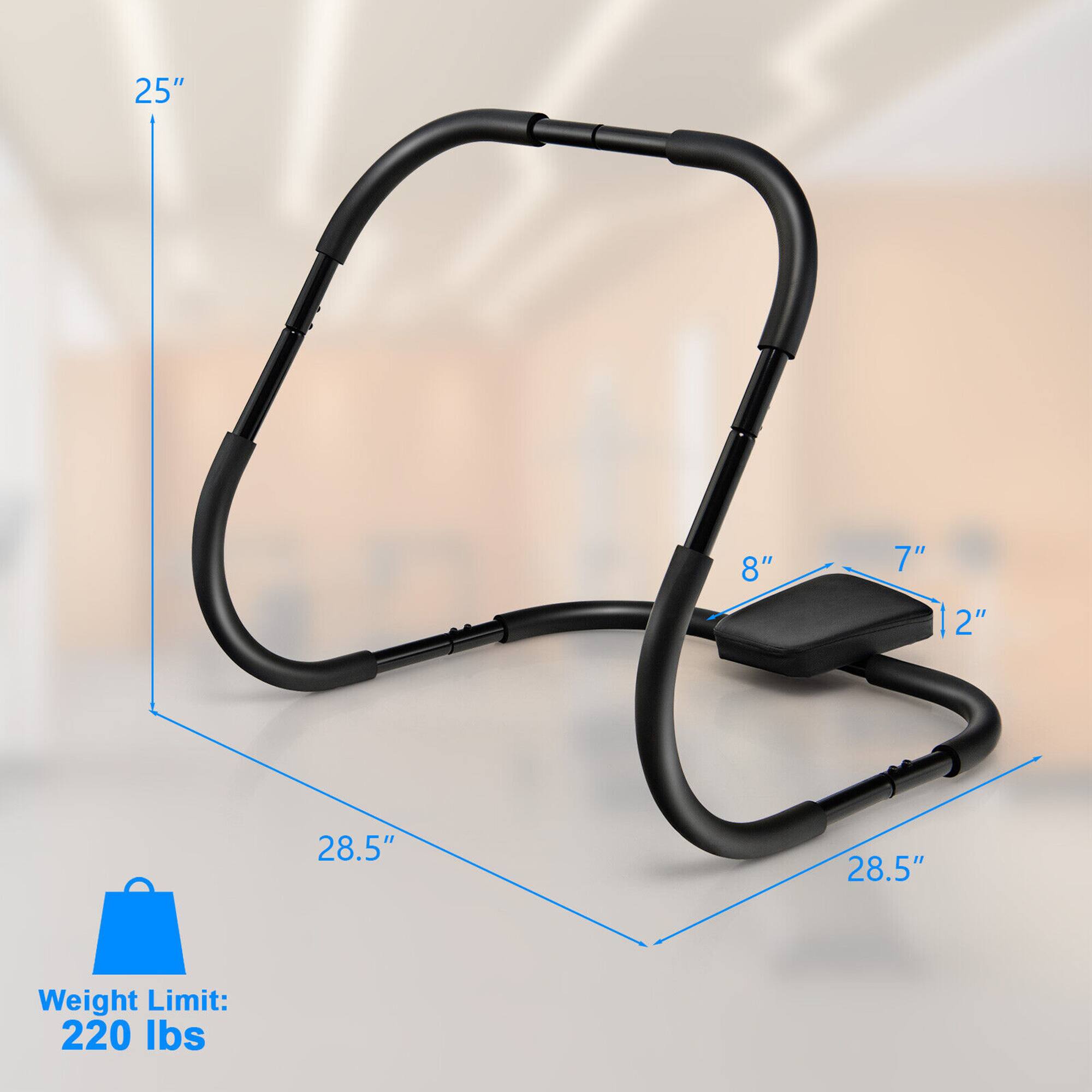 The image shows a black metal contraption with a weight limit of 220 lbs. The contraption has a height limit of 28.5 inches and a width limit of 8 inches. The contraption is designed for use in a room with a height limit of 25 inches.