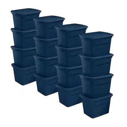 Front. Sterilite - Sterilite Classic Lidded Stackable 18 Gal Storage Tote Container, Blue, 16 Pack - Marine Blue.