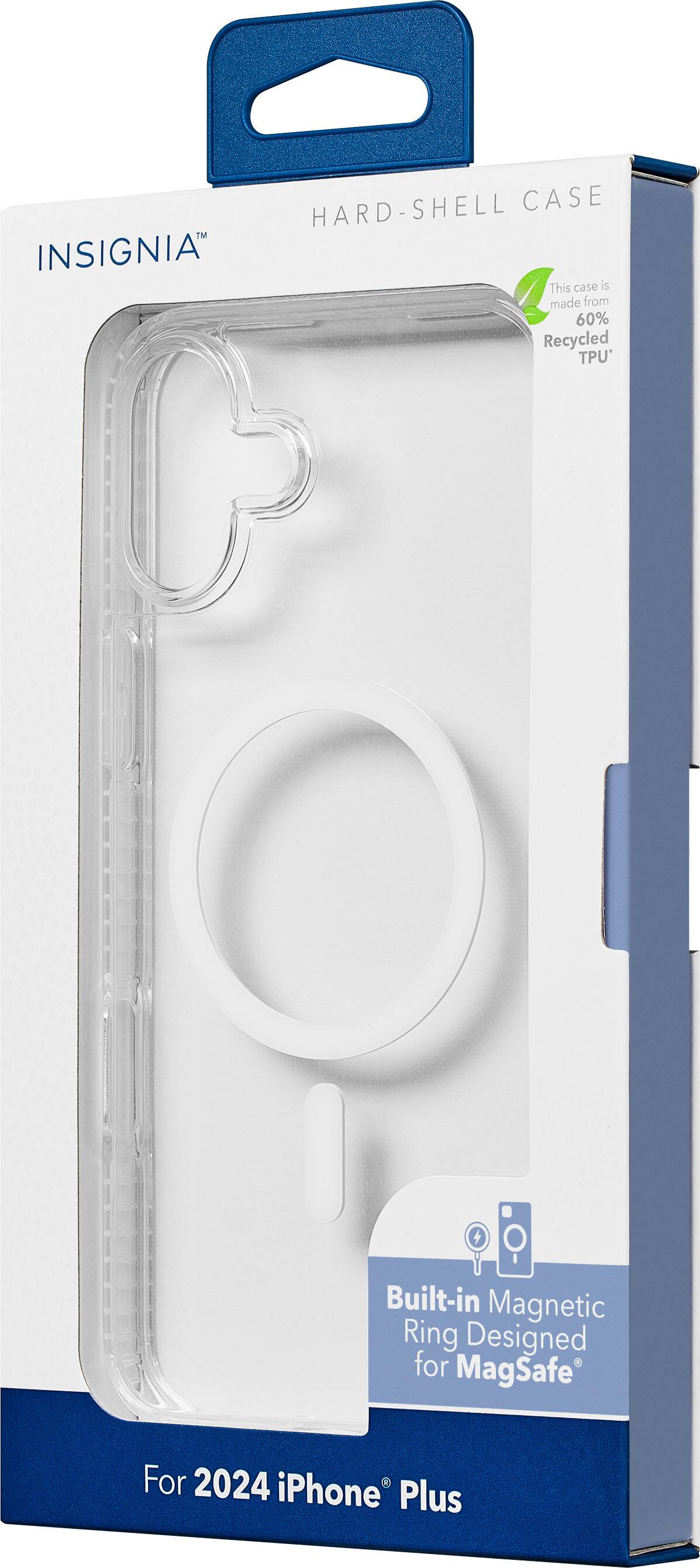 The image features a hard-shell case made from 60% recycled TPU. The case is designed for the 2024 iPhone Plus and has a built-in magnetic ring. The case is manufactured by Insignia and is available in a clear color.