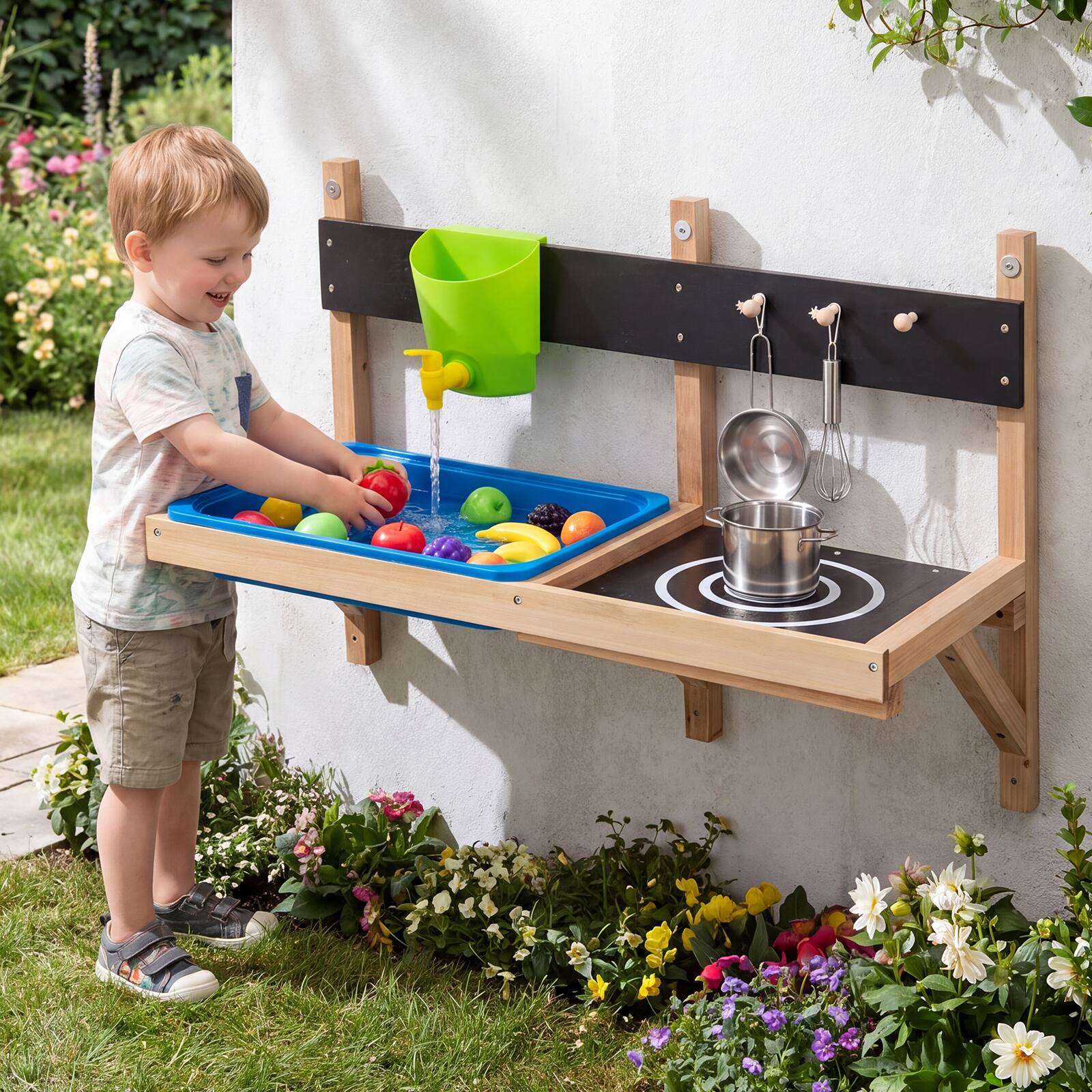 Alt View 1. Gymax - Gymax Outdoor Wall Mounted Mud Kitchen for Kids Wooden Play Kitchen w/ Sink Faucet - Multicolor.