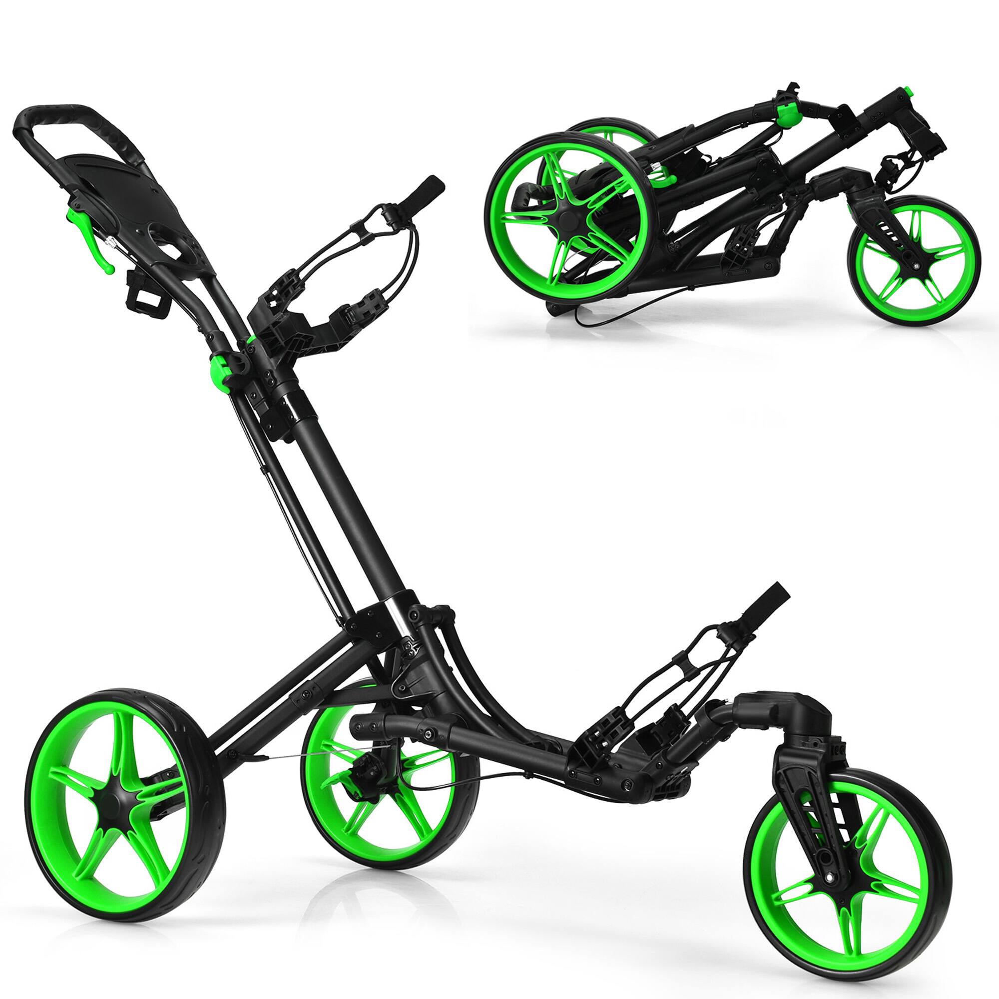 Front. Gymax - Gymax 3 Wheels Foldable Golf Push Pull Cart Trolley w/ Adjustable Handle Brake Green - Green.
