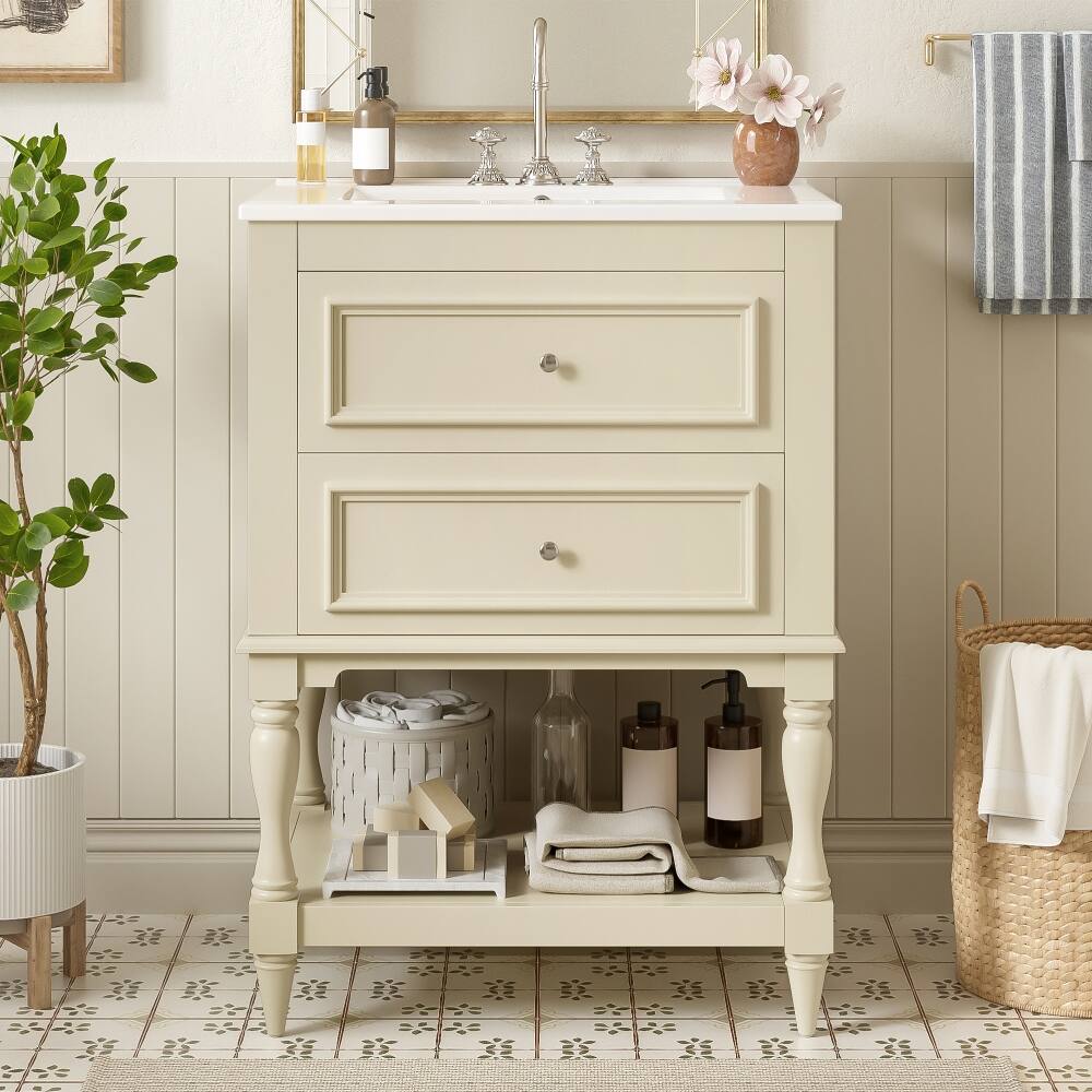 Left. Loheer - Loheer 24 inch bathroom vanity with ceramic sink, Beige Retro Cabinet with Open Shelf - Beige.
