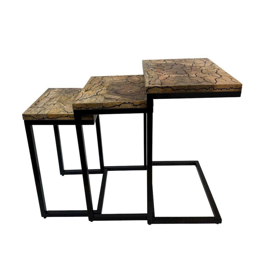 Angle. Carolina Chair & Table - Electra 3 Piece Nesting Table Set - Electrified Wood - Black Iron - Chestnut, Black.