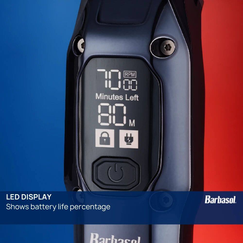 RPM 10 00 Minutes Left 80 M LED DISPLAY Shows battery life percentage Barbasol