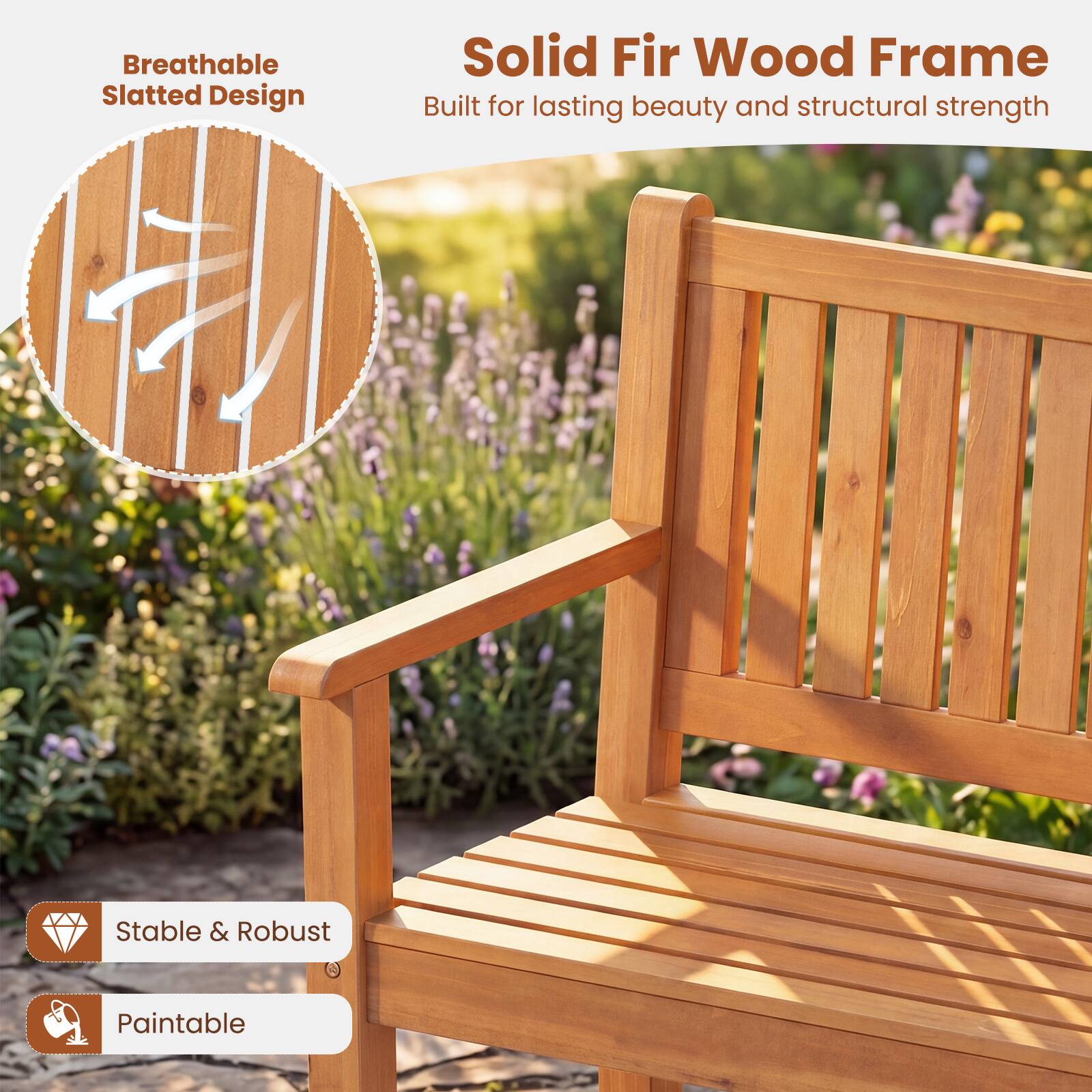 Breathable Slatted Design  
Solid Fir Wood Frame  
Built for lasting beauty and structural strength  
Stable & Robust  
Paintable