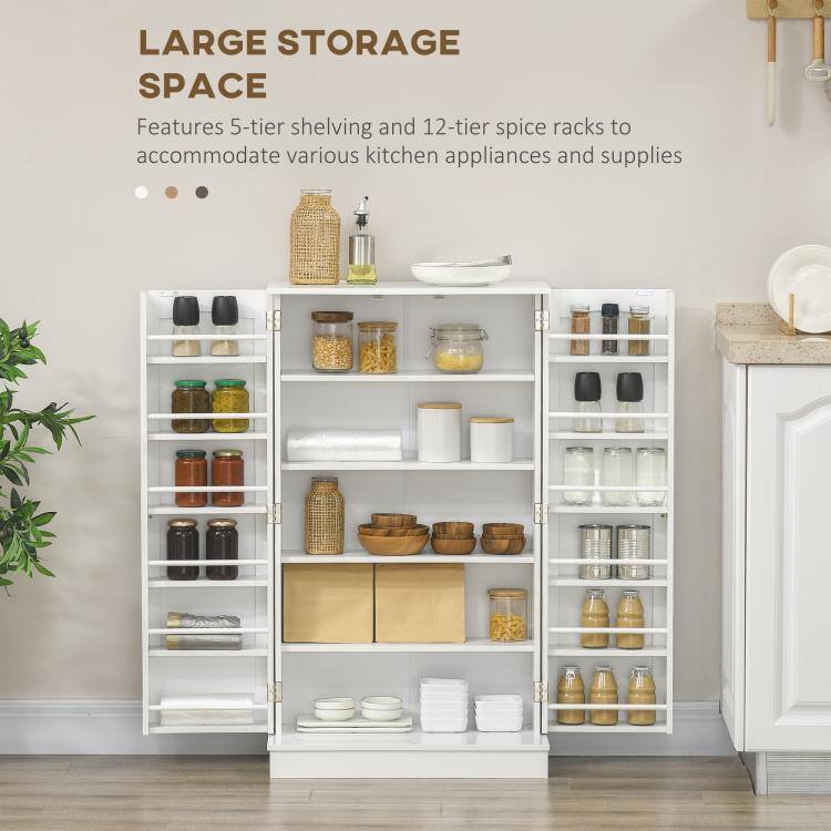 LARGE STORAGE SPACE  
Features 5-tier shelving and 12-tier spice racks to accommodate various kitchen appliances and supplies