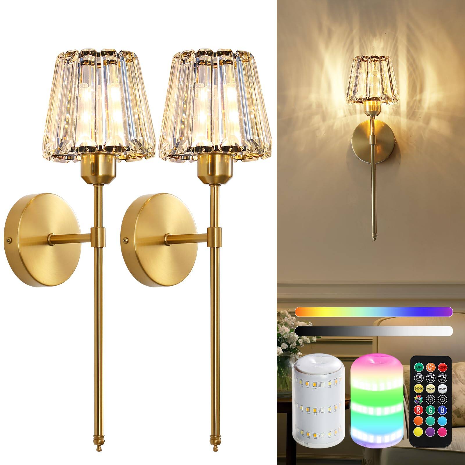 HM 1810 - Operated Crystal Wall Sconce Set Of Rechargeable Wireless Sconces With Remote Dimmable Colors Modes Led Lig - Gold