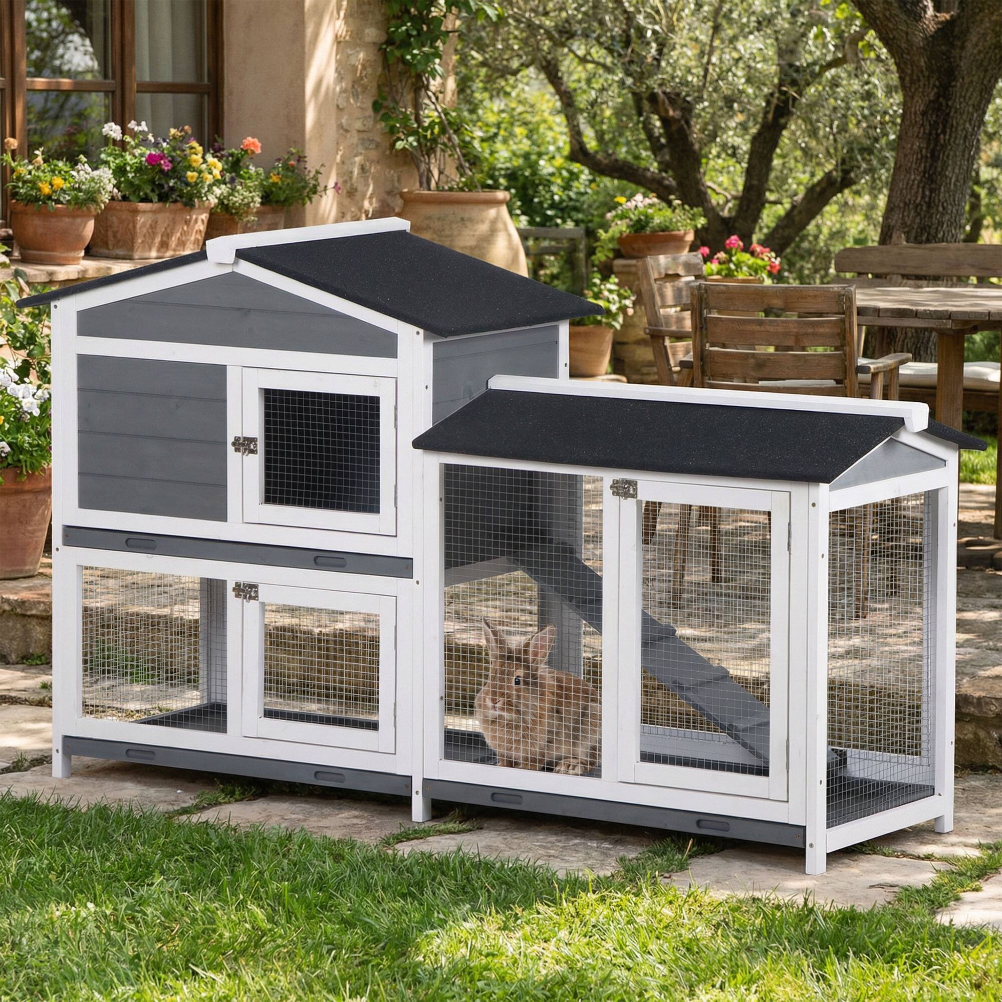 Alt View 1. Pawhut - 2-tier Wood Rabbit Hutch Backyard Small Animal House Ramp Outdoor Run.