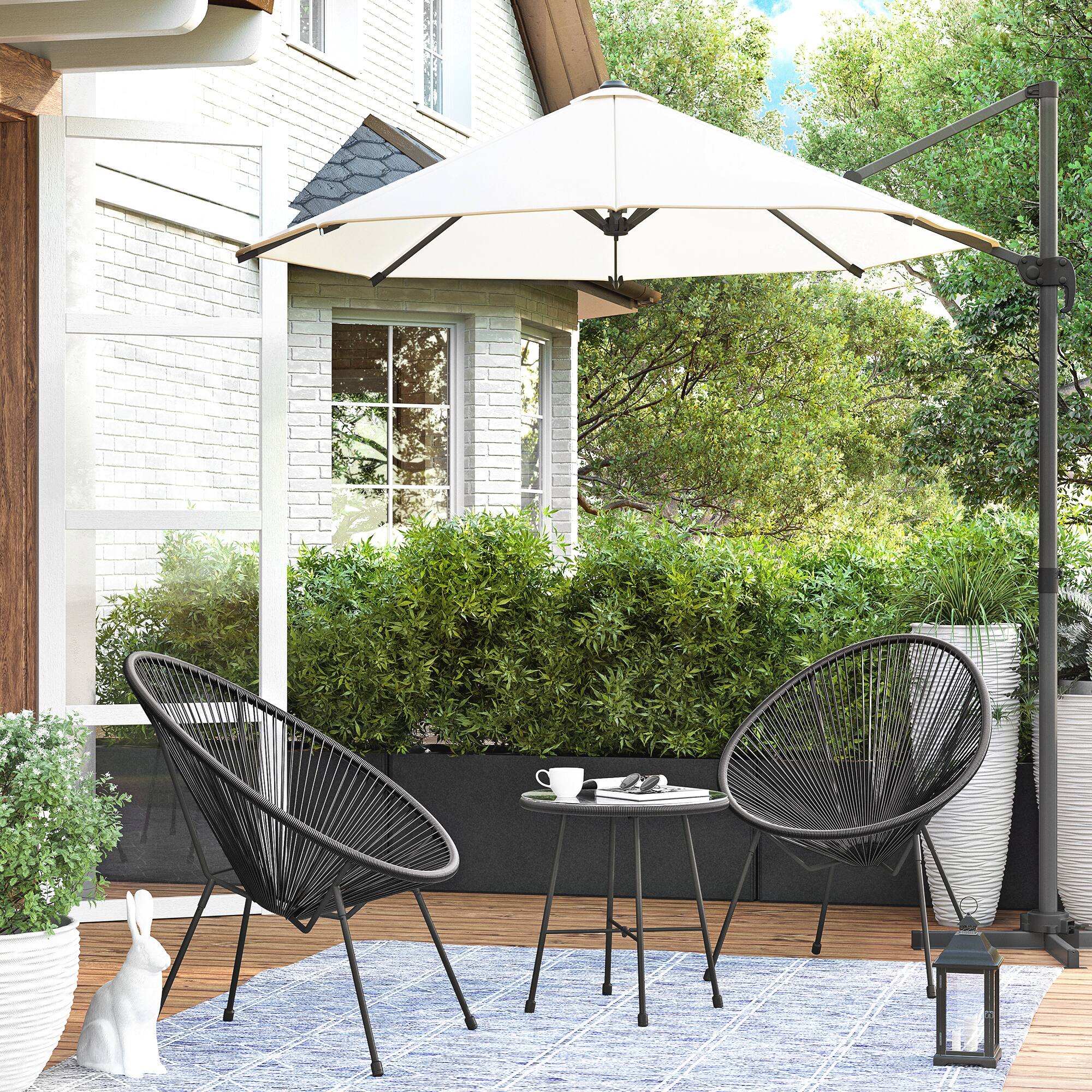 Back. Songmics Home - 3-Piece Outdoor Seating Acapulco Chair, Modern Patio Furniture Set, Glass Top Table and 2 Chairs - Ink Black.