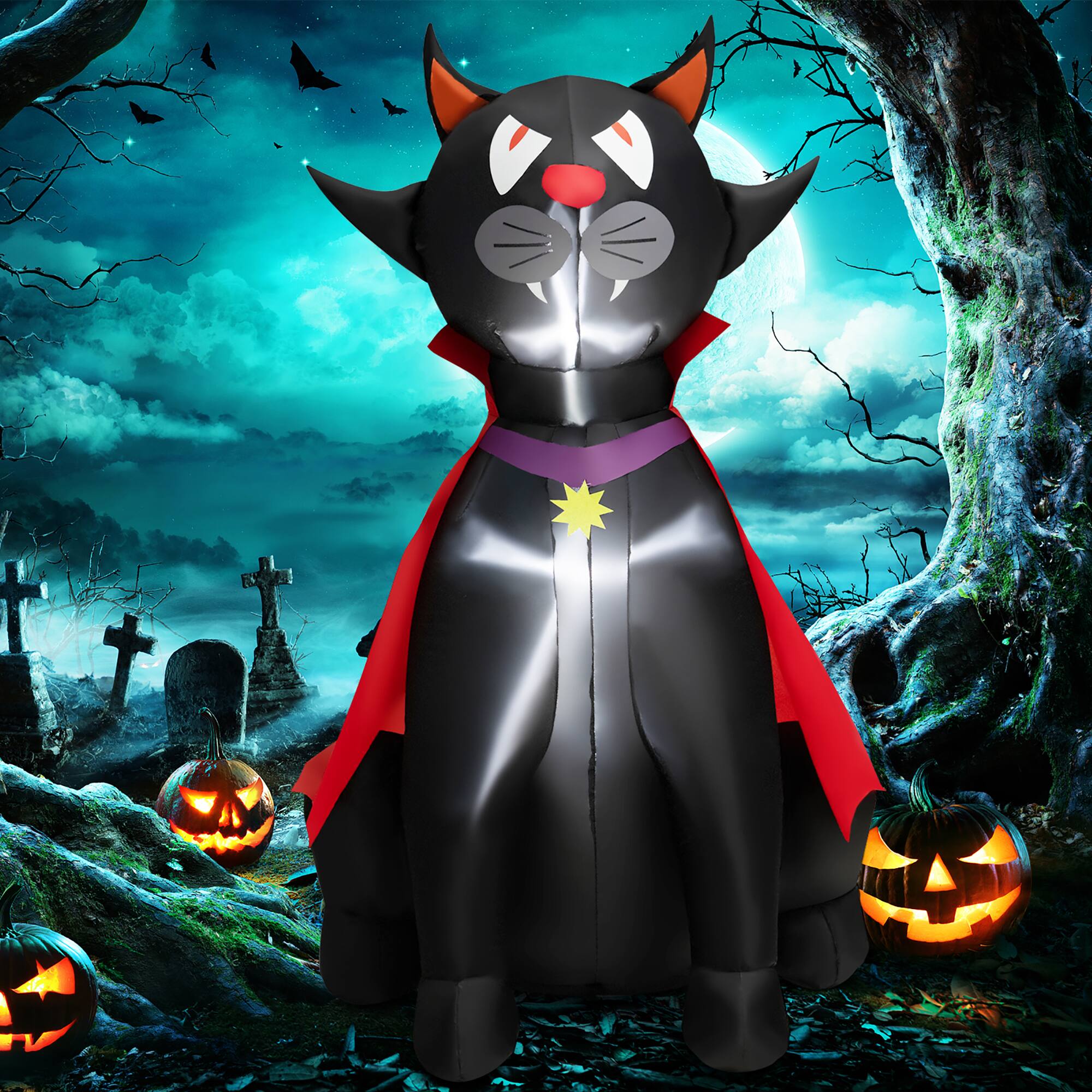 Alt View 1. Costway - Costway 4.7FT Halloween Inflatable Vampire Black Cat with Red Cloak Blow-up Decoration - Black,Red.