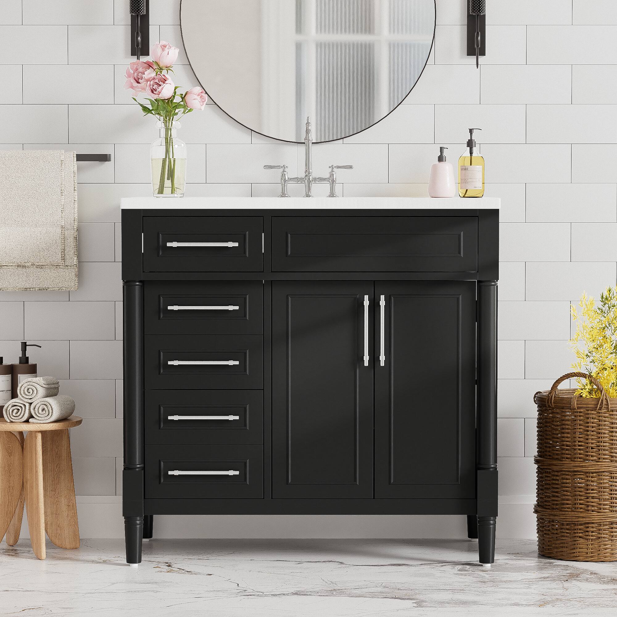 Back. Tiramisubest - 36" Bathroom Vanity with Top Resin Sink, Bathroom Storage Cabinet with 2 Drawers and a Tip-out Drawer,  Adjustable Shelf - Black.