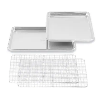 Front. Baker's Secret - Baker's Secret 100% Recycled Aluminum Bakeware Set 4pcs, 2x Cookie Sheet 18" & 2x Stainless Steel Rack - Silver.