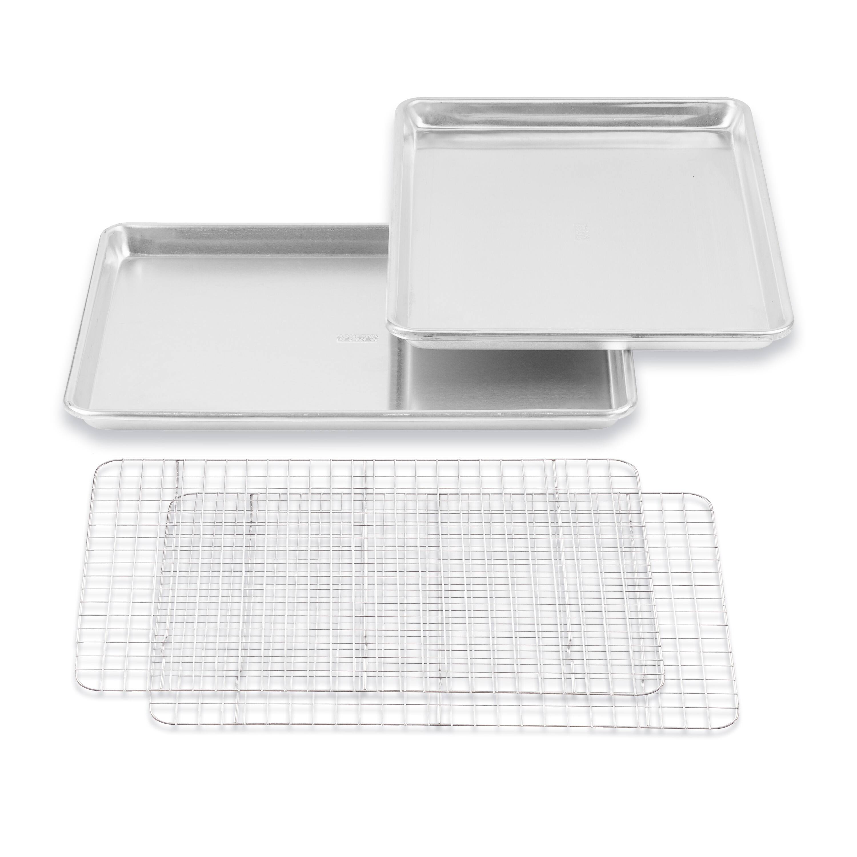 Front. Baker's Secret - Baker's Secret 100% Recycled Aluminum Bakeware Set 4pcs, 2x Cookie Sheet 18" & 2x Stainless Steel Rack - Silver.