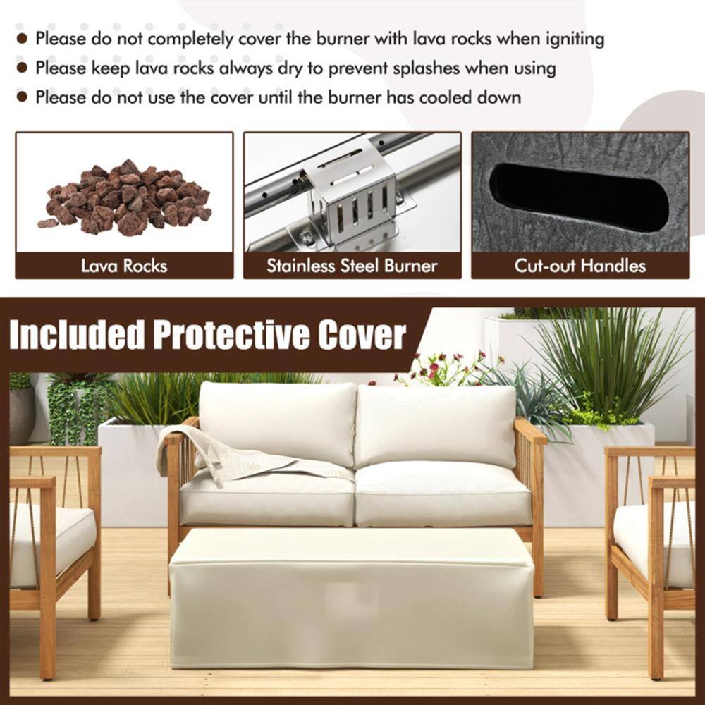 - Please do not completely cover the burner with lava rocks when igniting
- Please keep lava rocks always dry to prevent splashes when using
- Please do not use the cover until the burner has cooled down

Lava Rocks  
Stainless Steel Burner  
Cut-out Handles  

Included Protective Cover