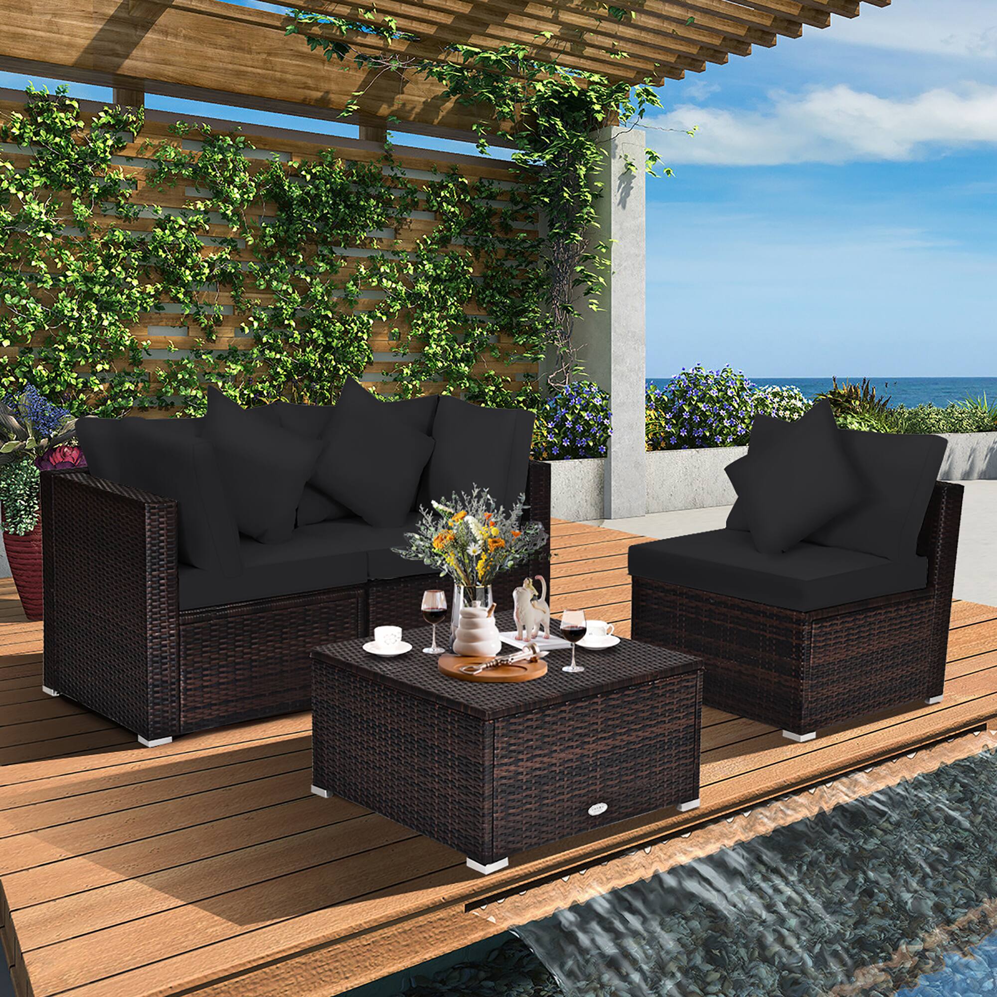 Alt View 3. Costway - 4PCS Patio Rattan Furniture Set Sofa Ottoman Cushion Garden Deck - Black.