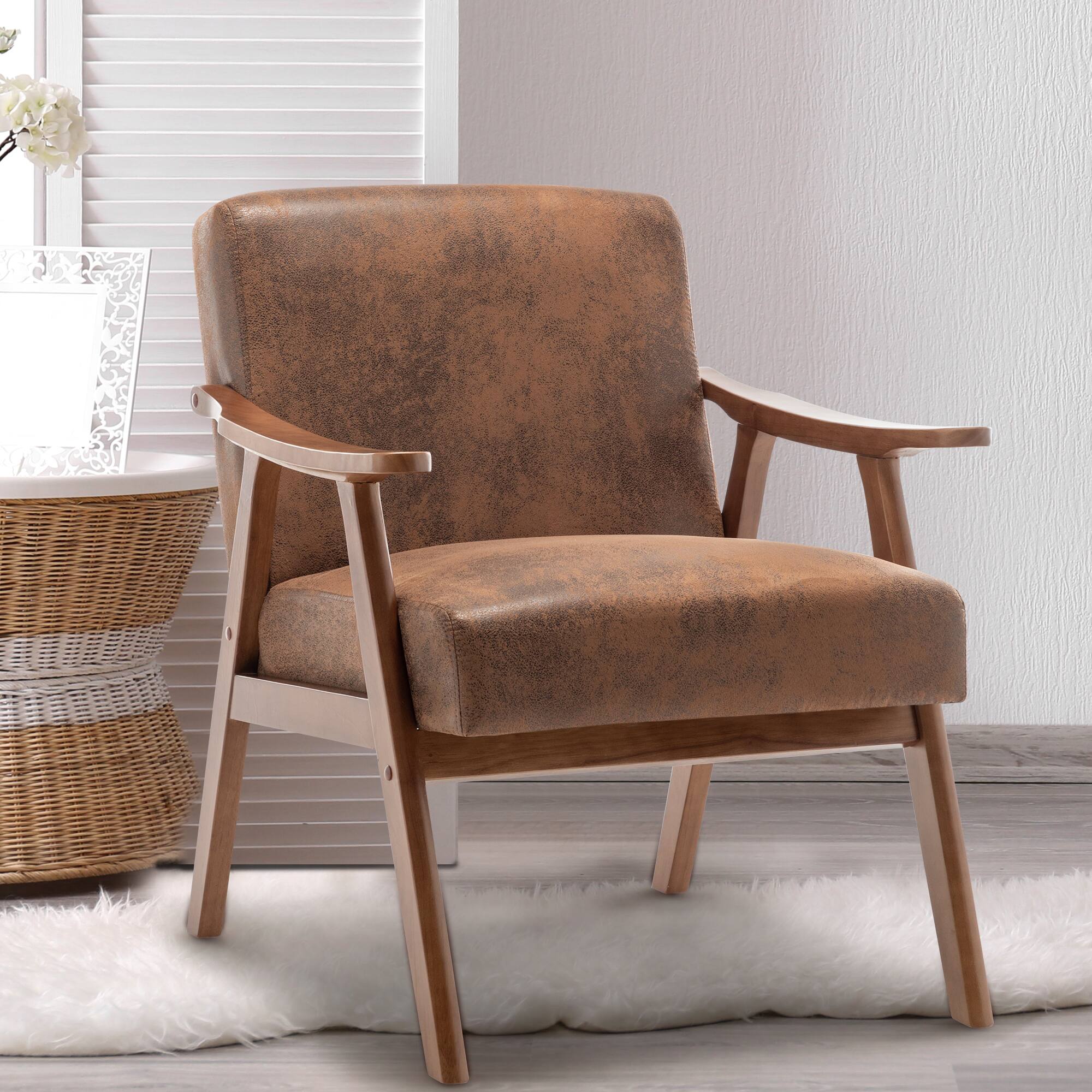 Front. Meqiodas - Mid-Century Modern Chair, Living Room Chair with Solid Wood Frame, Accent Chair Extra-Thick Backrest - Brown.