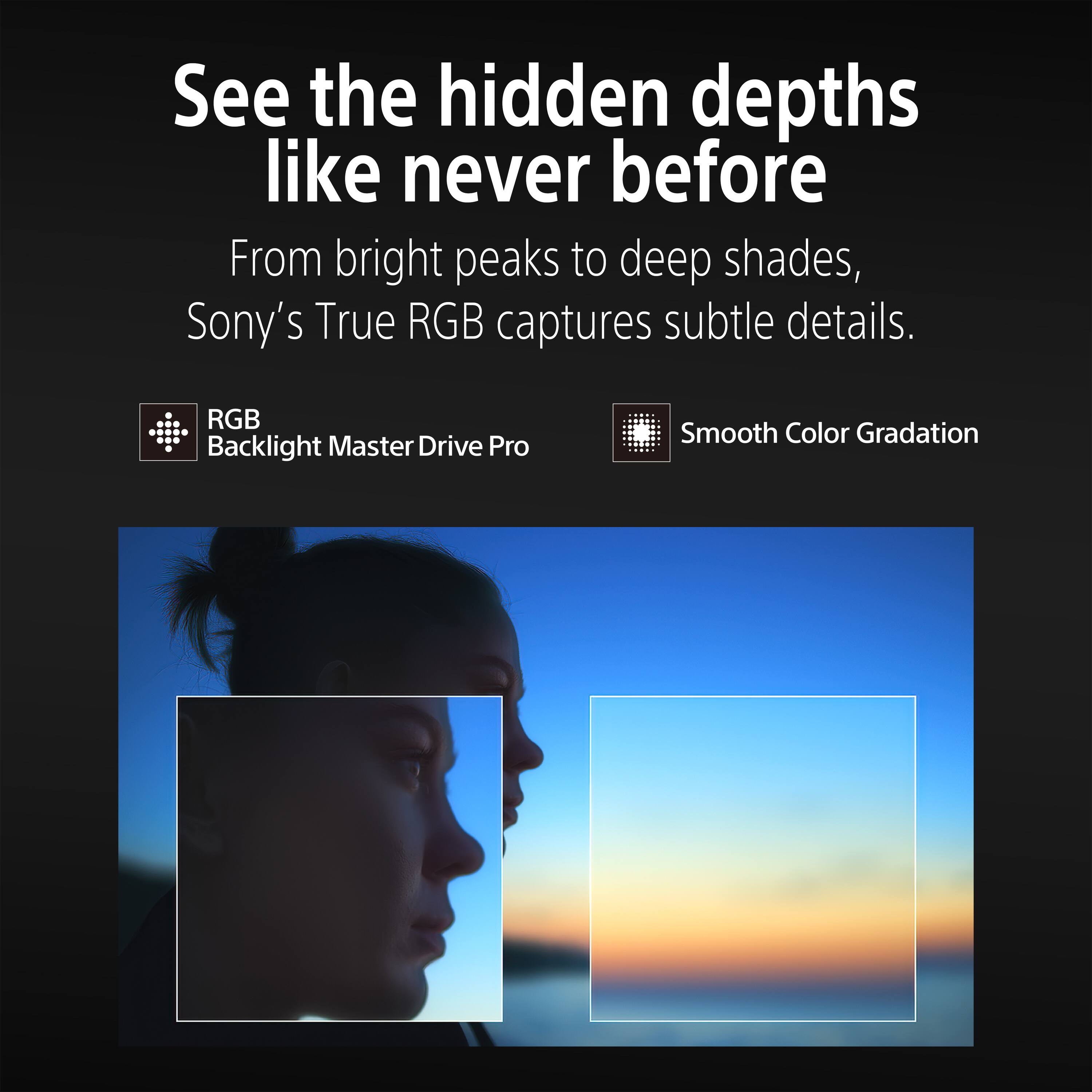 See the hidden depths like never before

From bright peaks to deep shades, Sony's True RGB captures subtle details.

RGB Backlight Master Drive Pro
Smooth Color Gradation
