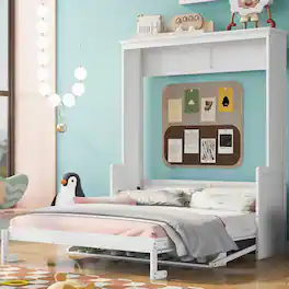 Whisen - Queen Size Murphy Bed with Built-in Shelf, Space-Saving Foldable Bed Frame - White