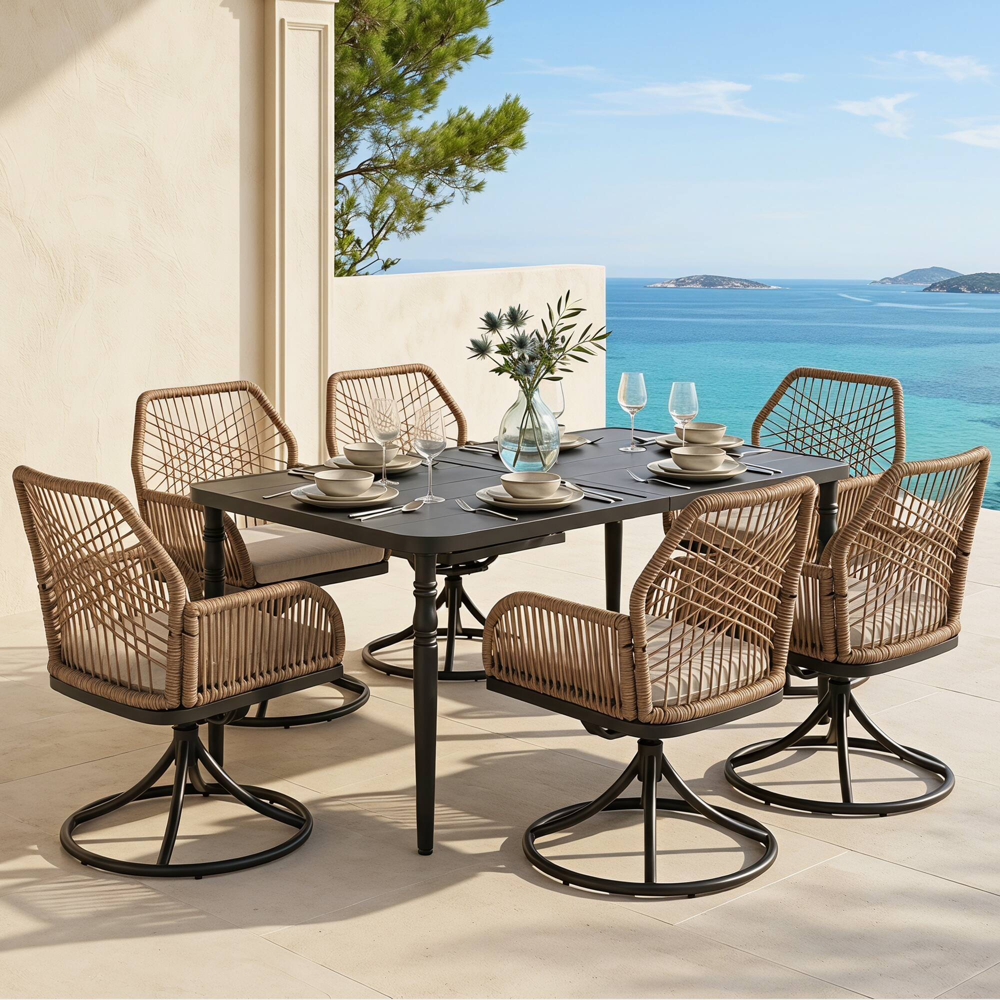 Angle. Nuu Garden - Outdoor 7PCS Dining Set, Twisted Rattan Swivel Chairs with Beige Cushions - Twisted Rattan.