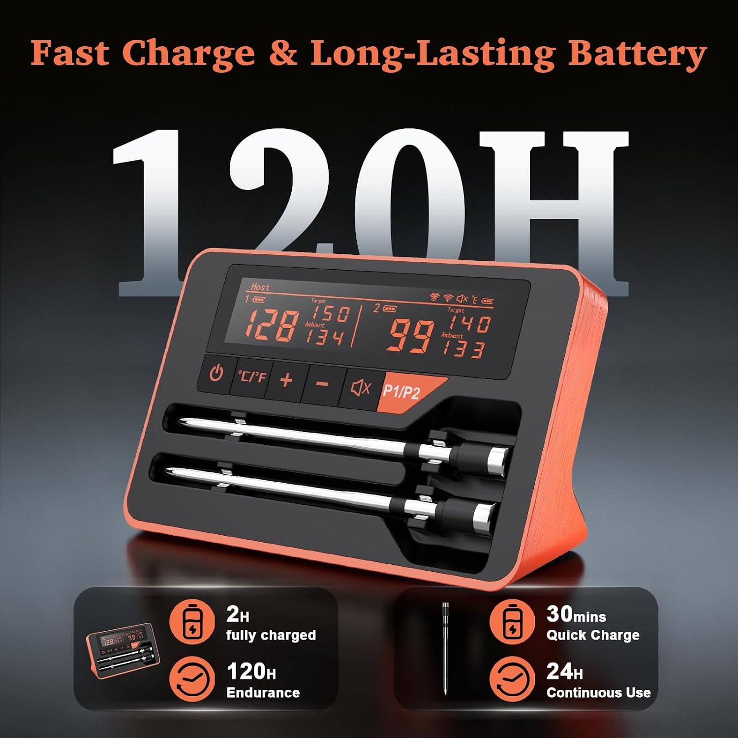 Fast Charge & Long-Lasting Battery  
120H  

Host 1  
Target 150  
Ambient 134  

Target 140  
Ambient 133  

CIF + - P1/P2  

2H fully charged  
30mins Quick Charge  
120H Endurance  
24H Continuous Use