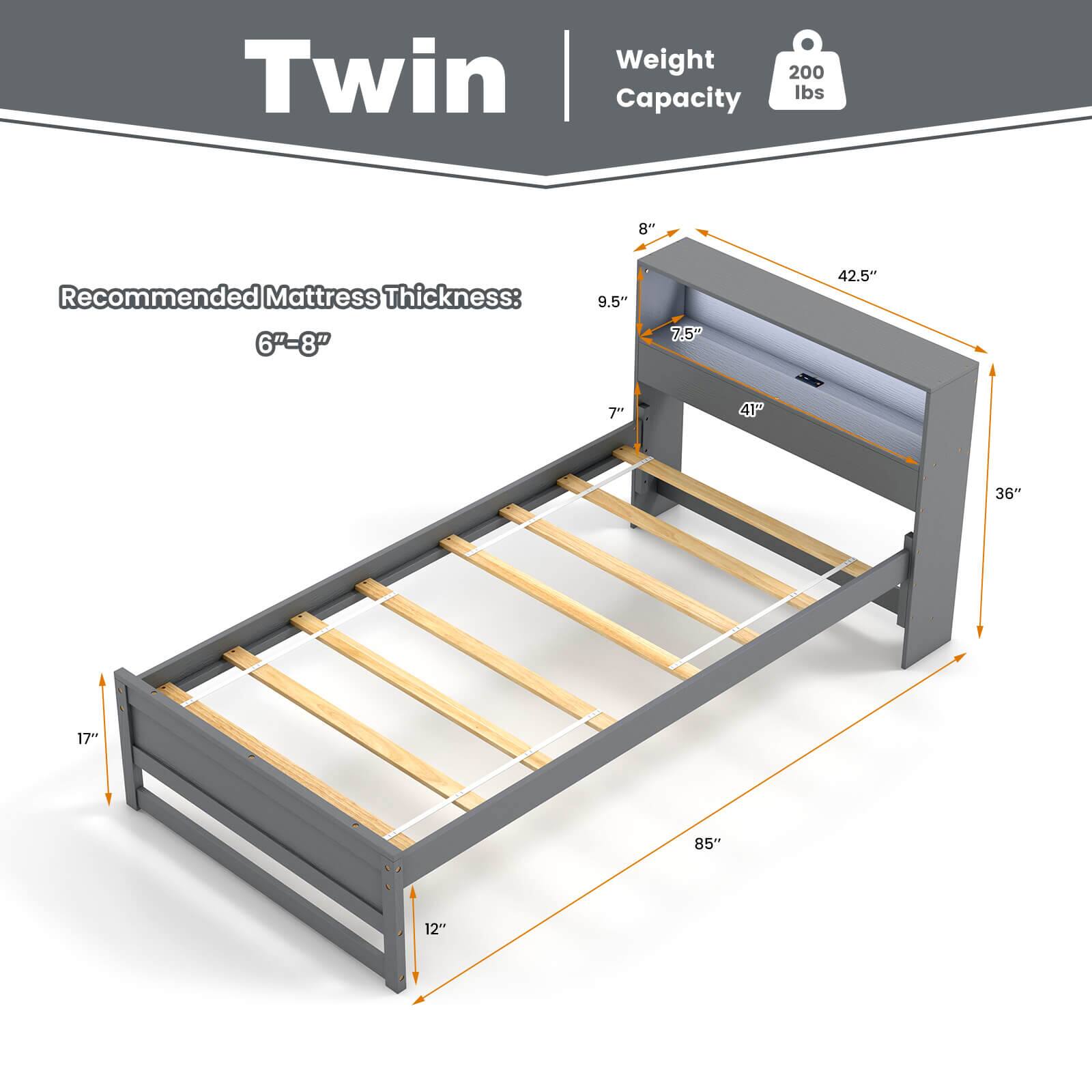 Twin  
Weight Capacity: 200 lbs  
Recommended Mattress Thickness: 6"-8"  
Dimensions:  
- 85" x 36"  
- 8" height  
- 9.5" depth  
- 42.5" width  
- 7.5" drawer height  
- 41" drawer width  
- 17" clearance  
- 12" leg height