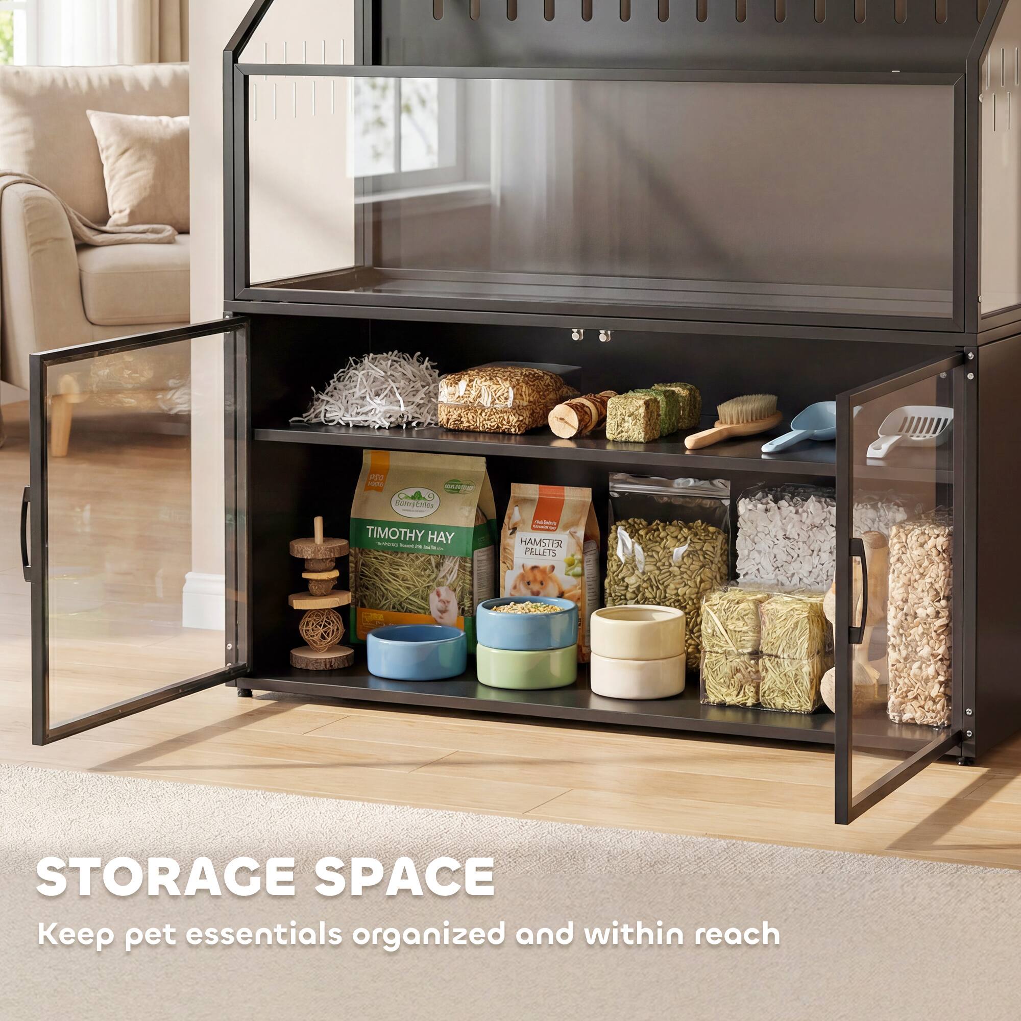 REO - TIMOTHY HAY

HAMSTER PELLETS

STORAGE SPACE
Keep pet essentials organized and within reach