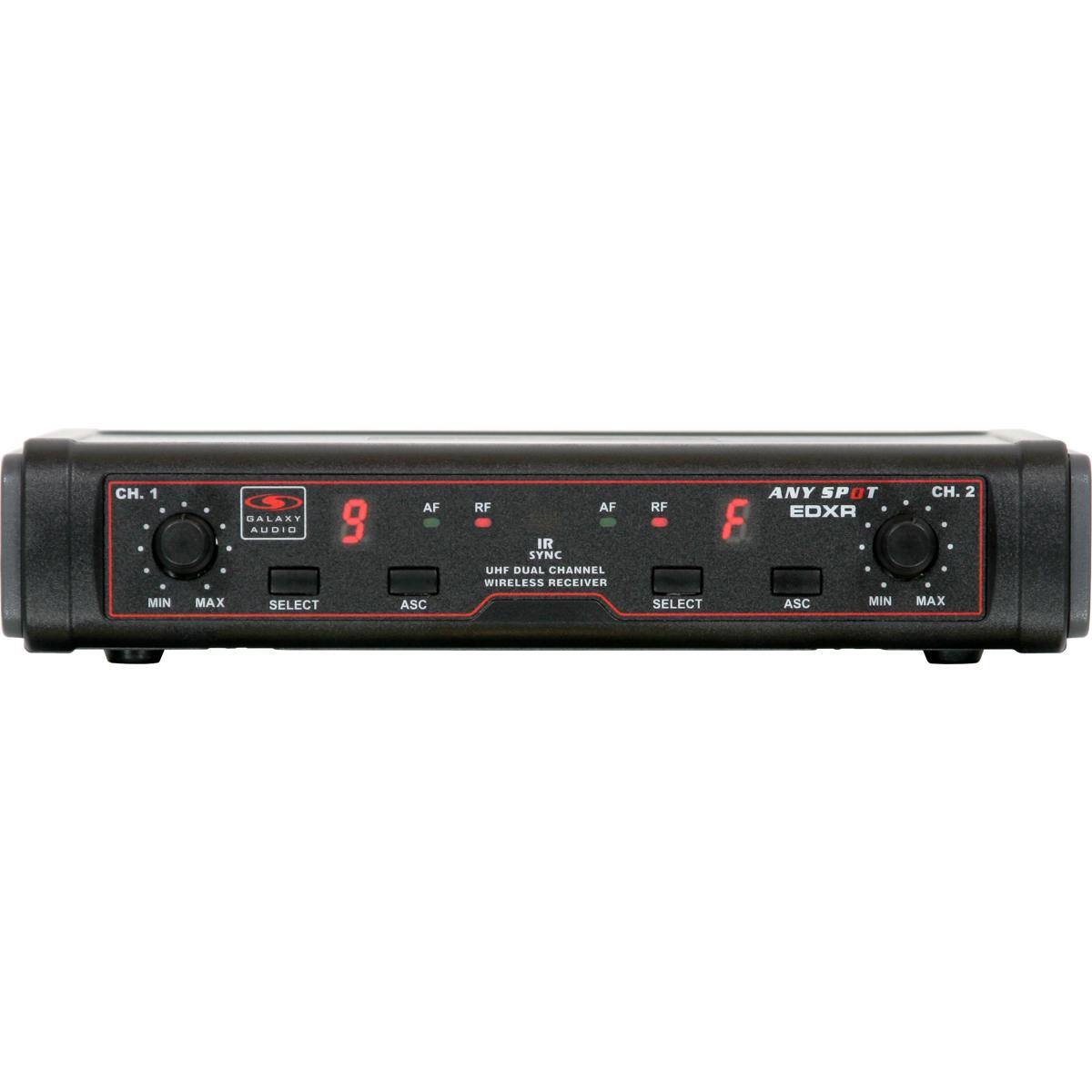 CH. 1 MIN SALARY 9 AUDIO MAX SELECT AF ASC RF AF IR SYNC UHF DUAL CHANNEL WIRELESS RECEIVER ANY SPOT CH. 2 MAX