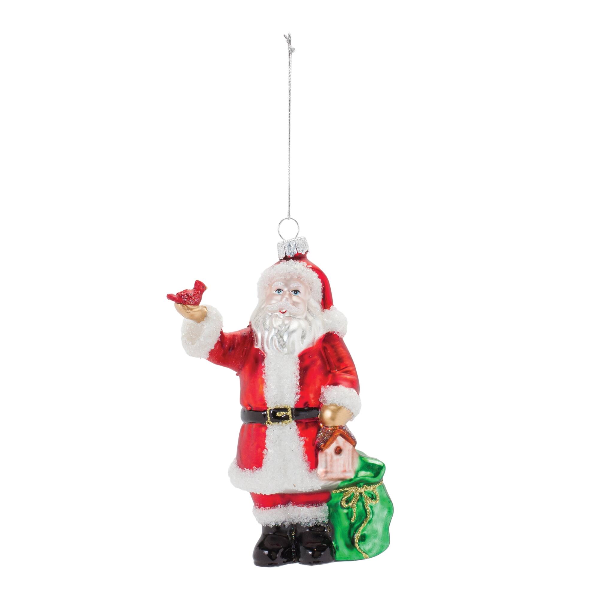 Angle. BreeBe - Glass Santa with Cardinal Bird Ornament (Set of 6) - Red, Green, White.