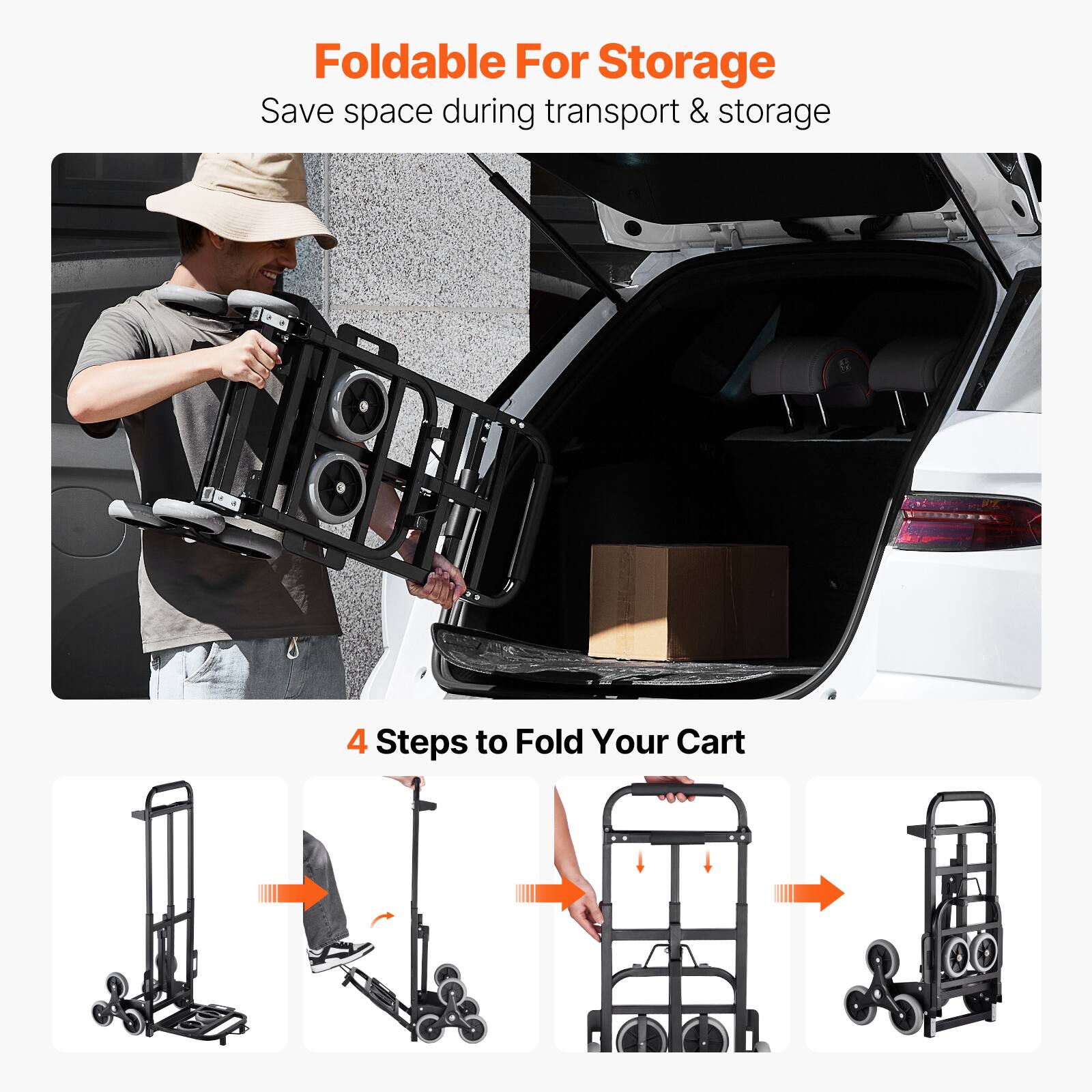 Foldable For Storage  
Save space during transport & storage  

4 Steps to Fold Your Cart