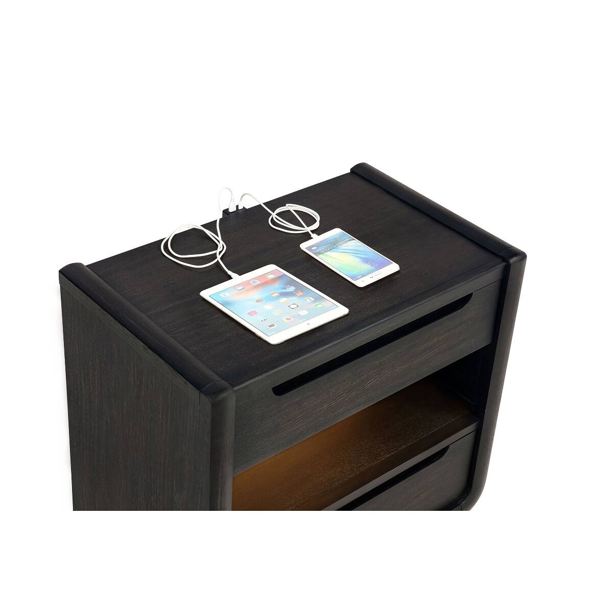 Alt View 6. Loheer - Loheer Burnished Black Two Drawer LED Nightstand with USB-A and USB-C Ports - Burnished Black.